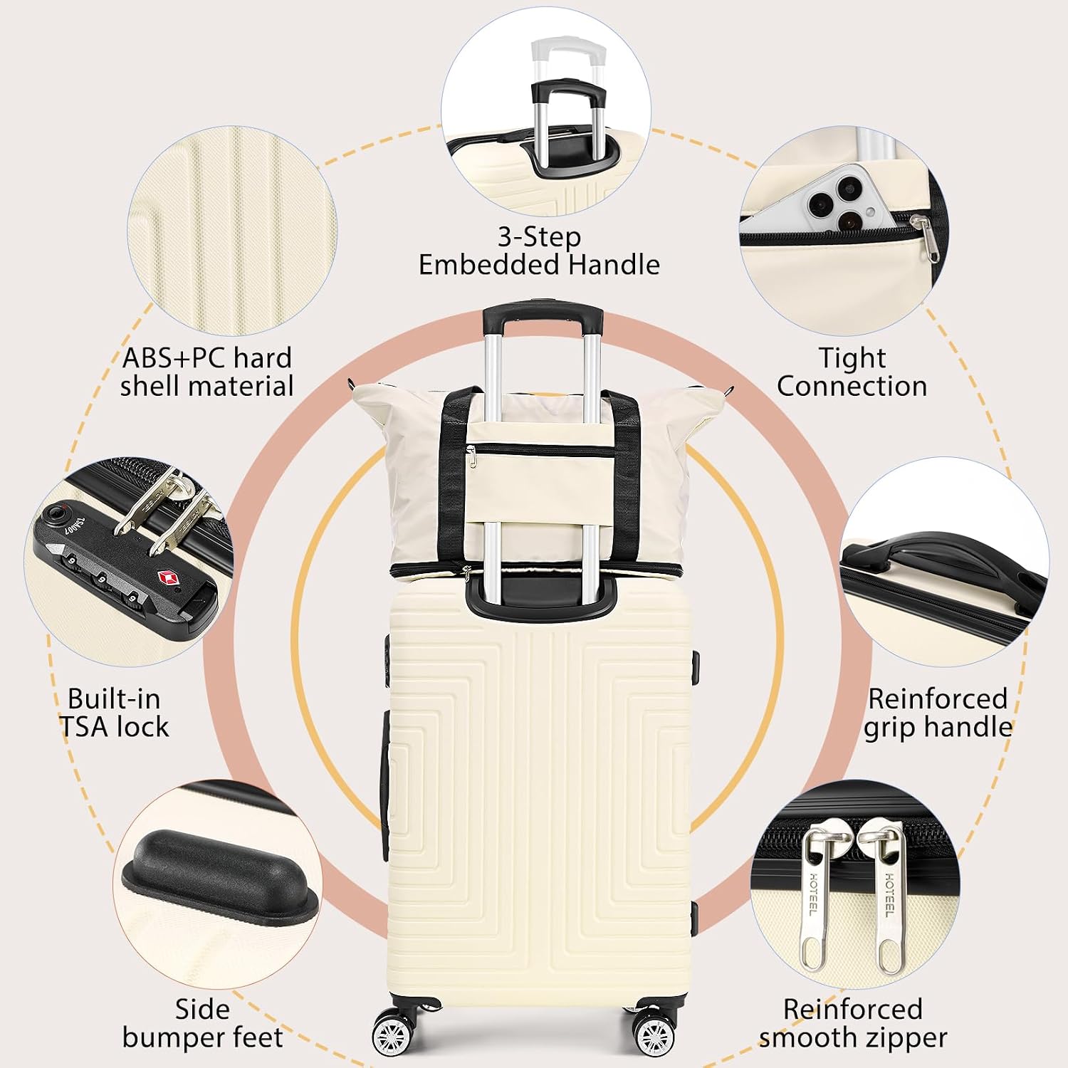 Hoteel Luggage Sets 5 Piece ABS+PC Hardside, 4-Year Warranty, Luggage Set with Dual-Spinner Wheels, TSA Lock, Lightweight Carry on Luggage, 20'/24'/28' Suitcase with Duffel & Organizer, Beige