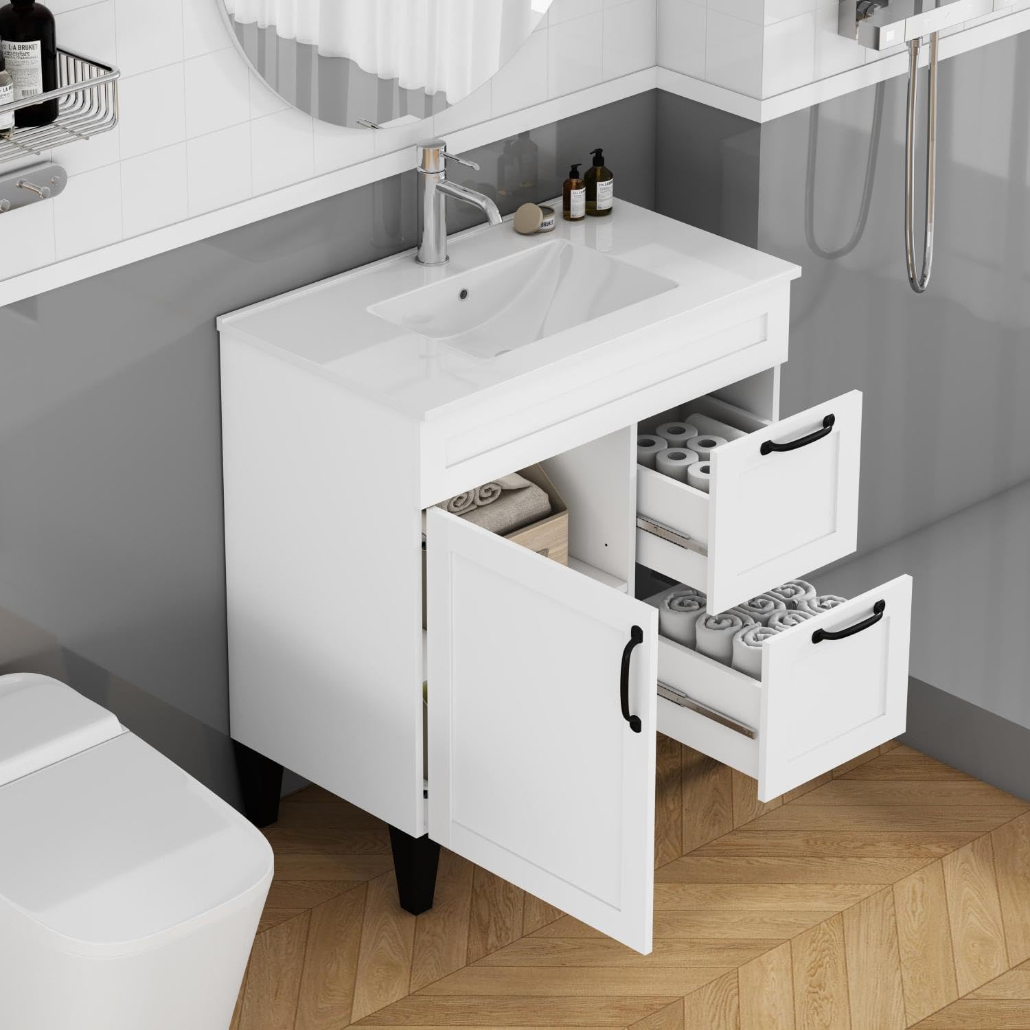 31.5-inch Bathroom Vanity with Sink Combo White Ceramic Basin Medium Bathrooms, Family Powder Rooms, En Suites Modern Upgrade