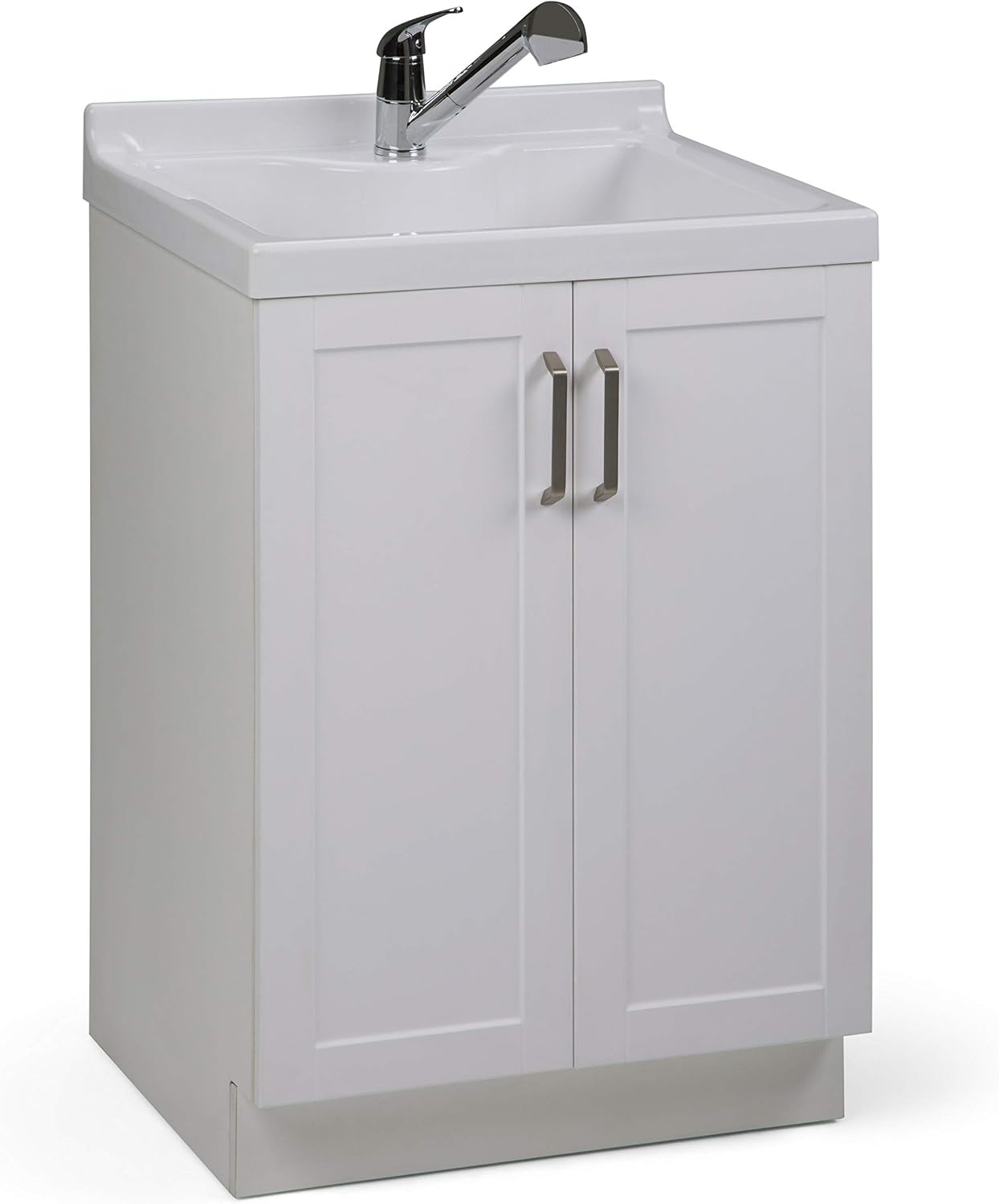 SIMPLIHOME Kyle All-in-One 24 inch Wide Utility Sink and Laundry Cabinet in Pure White Finish, Transitional ABS Sink Cabinet for Laundry Rooms with High-Arch Chrome Faucet and Pull-Out Spray