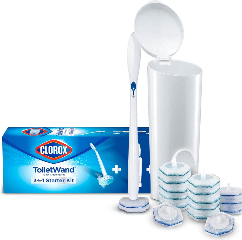 CLOROX ToiletWand Disposable Toilet Cleaning System, Spring Cleaning Essential, ToiletWand, Storage Caddy, and 16 Disinfecting-ToiletWand Scrubbing Pad Refills (Pack of 6)