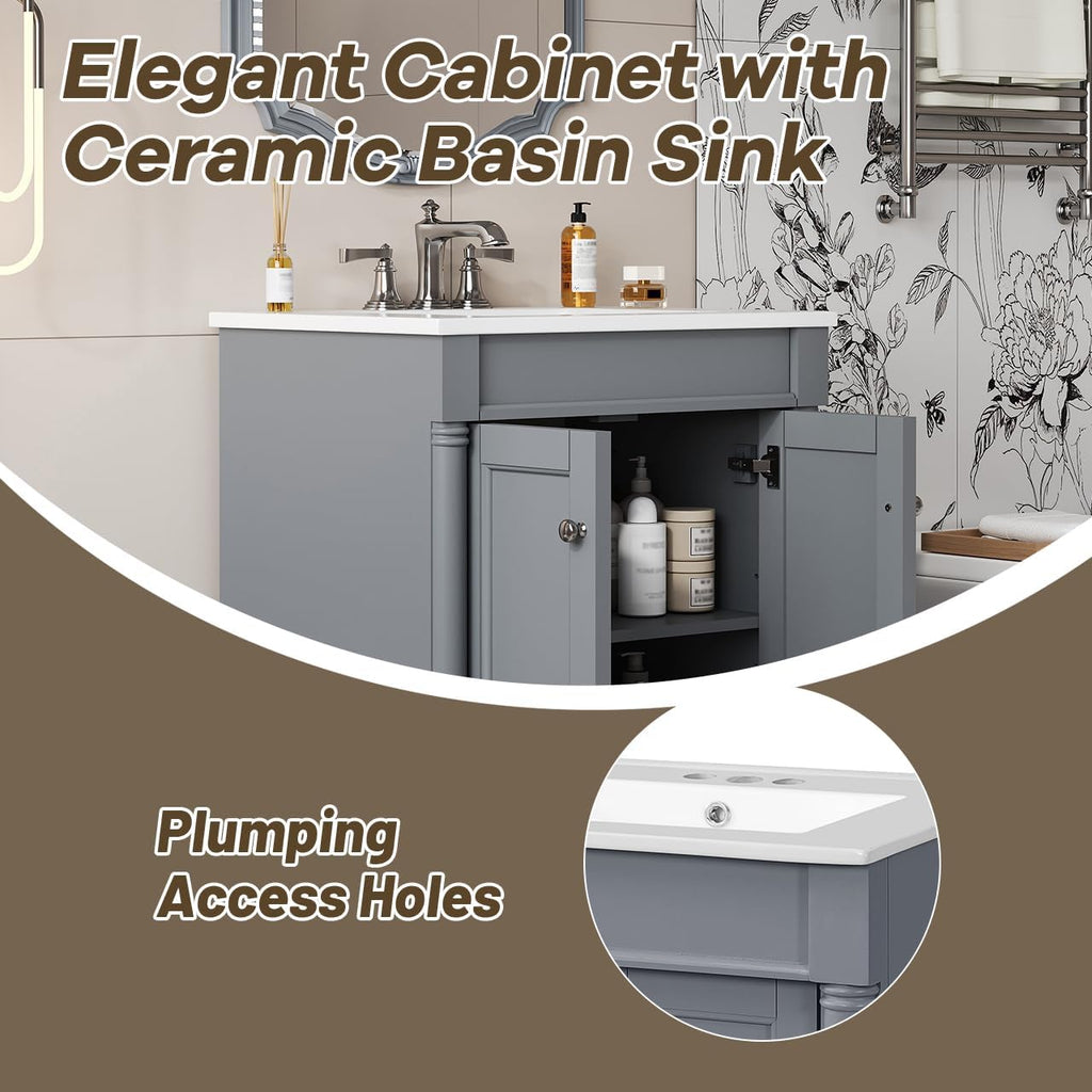 24 Inch Bathroom Vanity with Sink: Modern Gray Storage Cabinet with Ceramic Basin & Soft Close Hinges - Compact Design for Small Bathrooms & Guest Suites with Ample Storage Space & Wood Frame