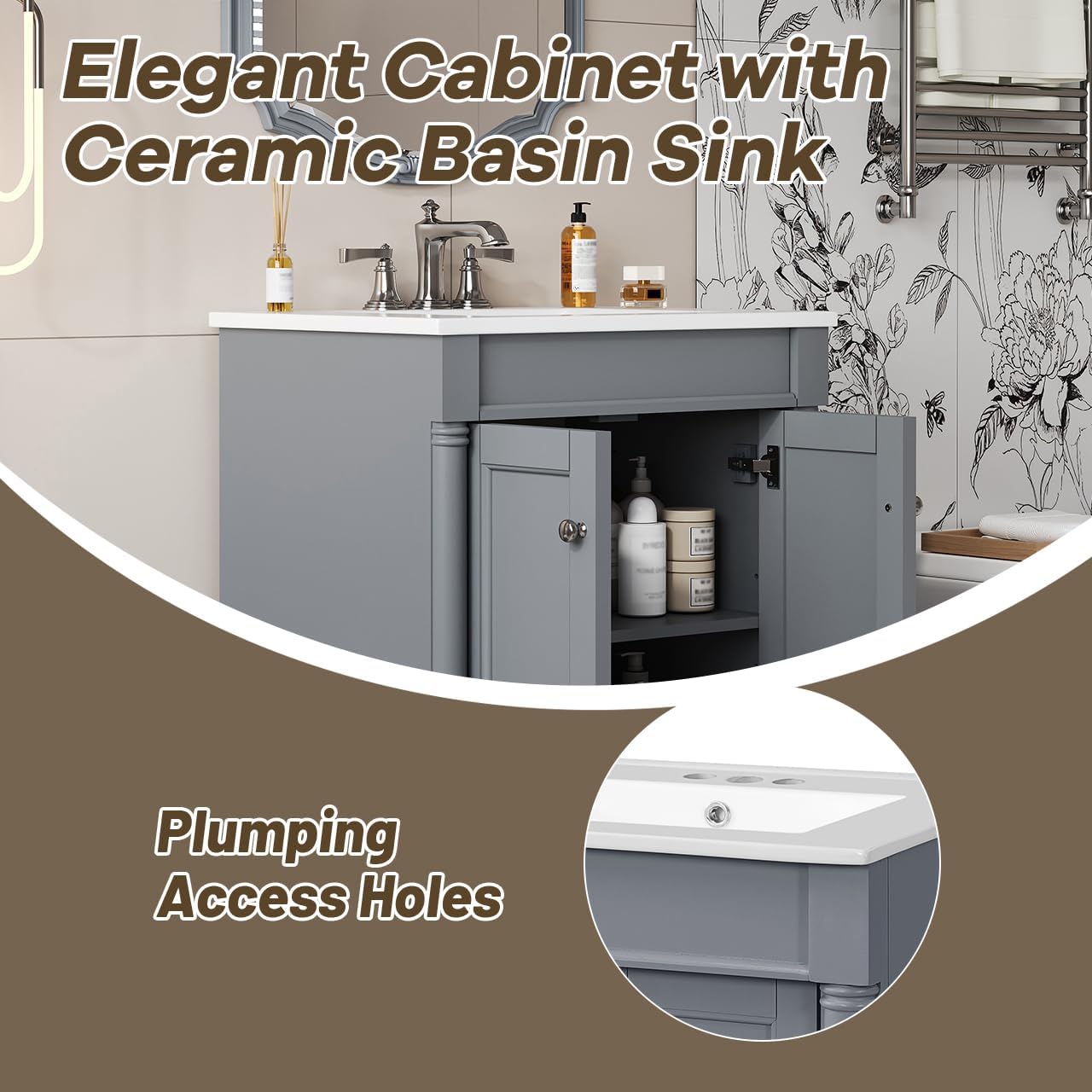 24 Inch Bathroom Vanity with Sink: Modern Gray Storage Cabinet with Ceramic Basin & Soft Close Hinges - Compact Design for Small Bathrooms & Guest Suites with Ample Storage Space & Wood Frame