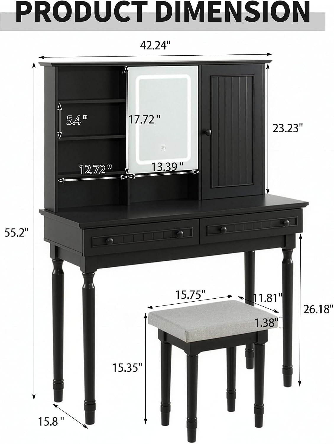 Scurrty Vintage Vanity Table Set with Stool, Color-Changing LED Mirror & Storage Organizer, Classic Wooden Dressing Makeup Desk for Bedroom (Black)