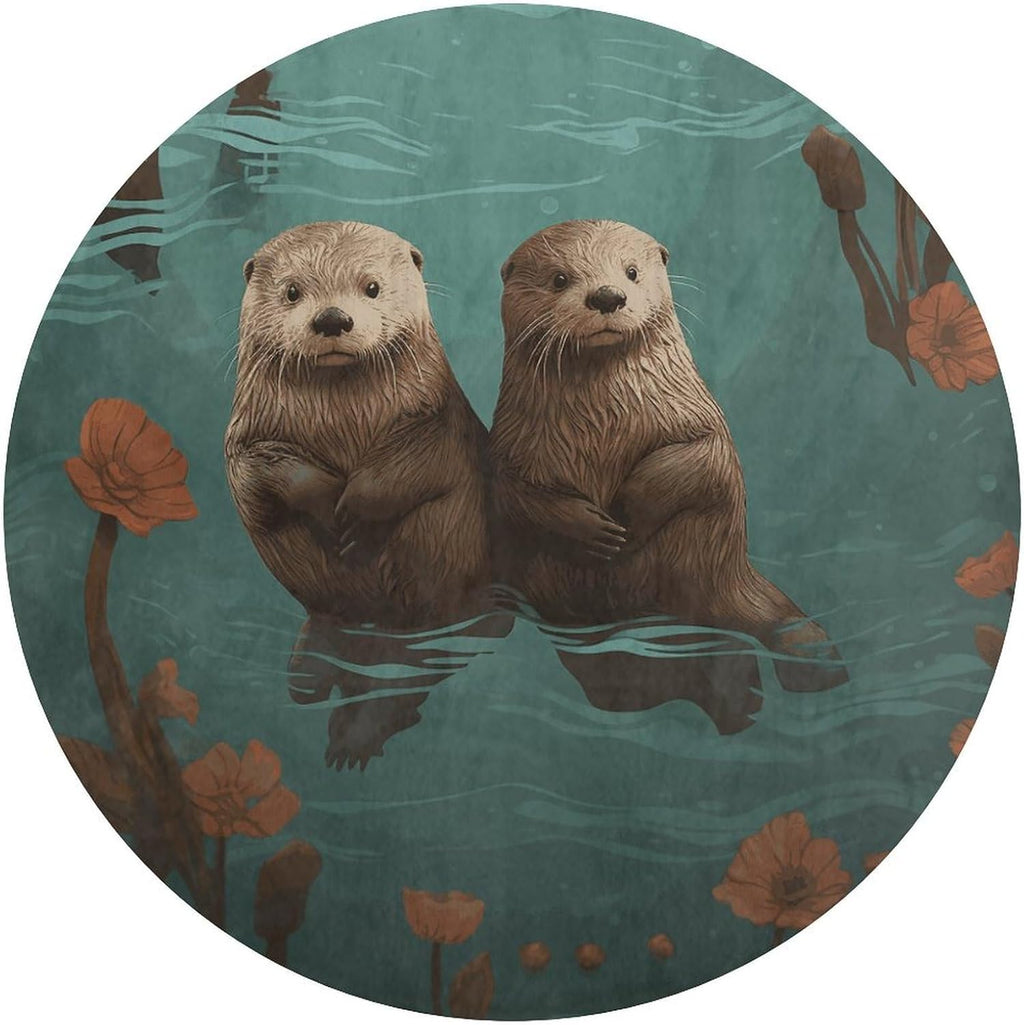 Otters in Love Coral Velvet Round Floor Mat Non-Slip Bath Rug Floor Covering for Bathroom Vanity Guest Suite & Vacation Home