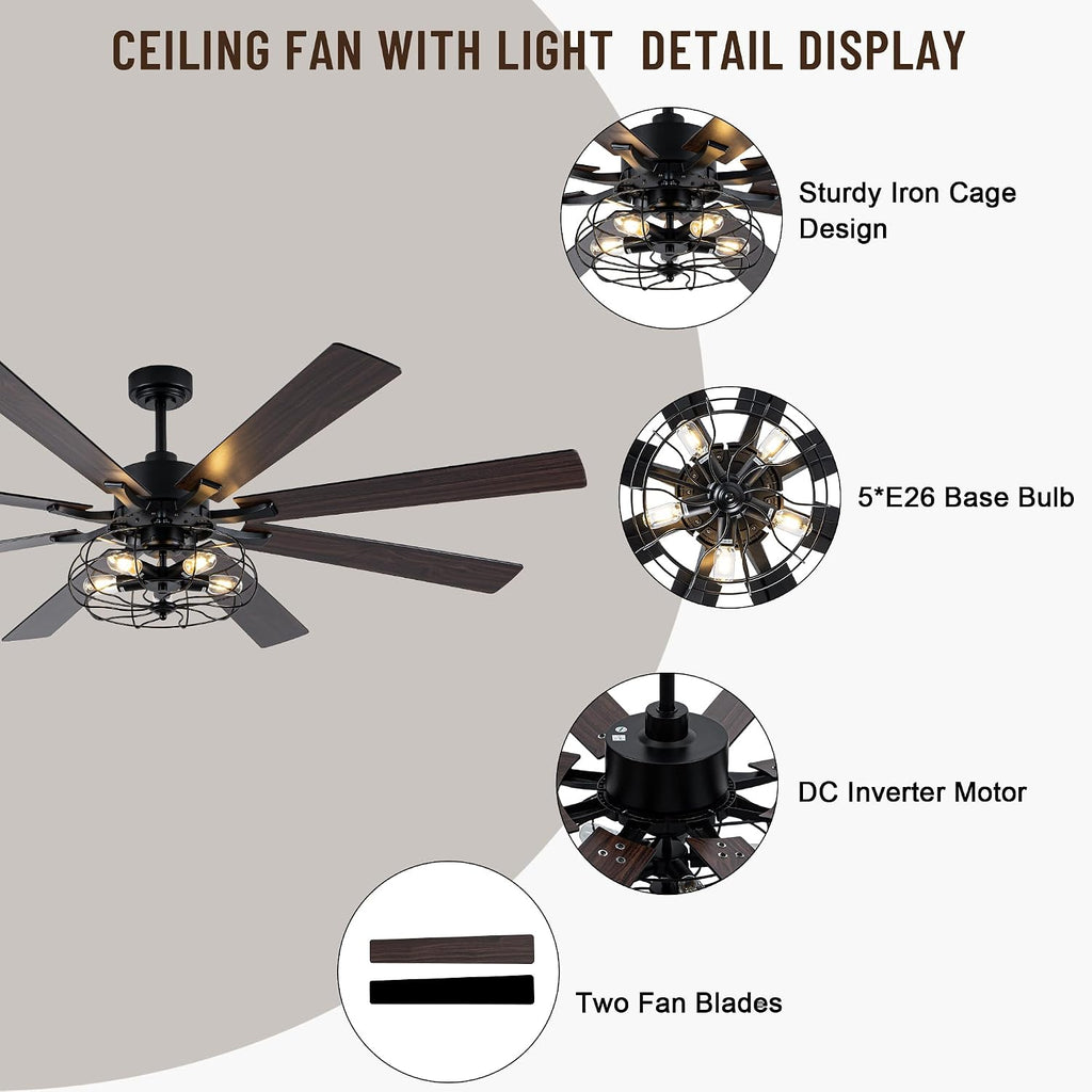 72 Inch Caged Ceiling Fans with Lights and Remote,Industrial Caged Rustic Retro Chandelier Ceiling Fan with Reversible Motor,8 Double Colour Blades for Dining Room Living Room Bedroom Porch Patio