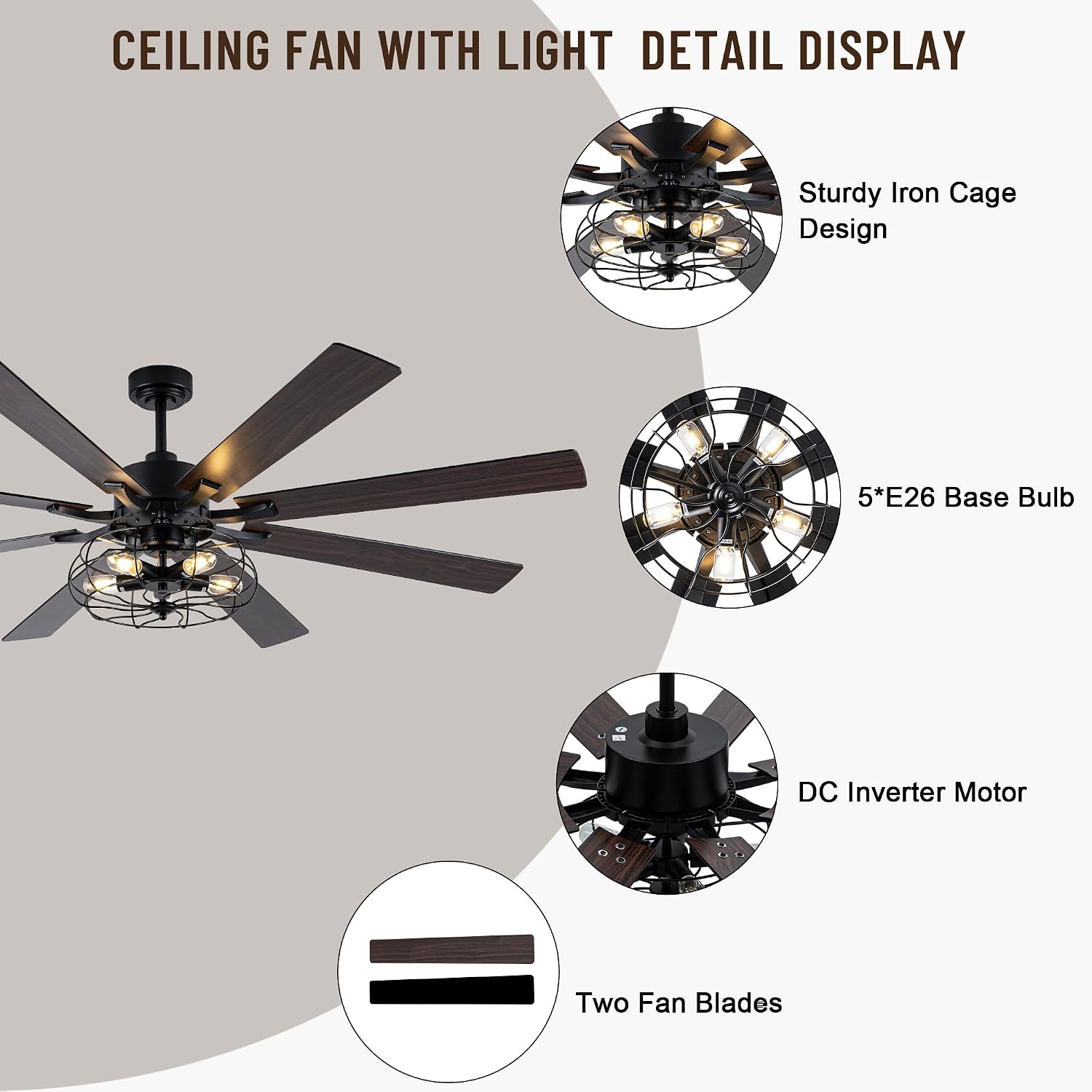 72 Inch Caged Ceiling Fans with Lights and Remote,Industrial Caged Rustic Retro Chandelier Ceiling Fan with Reversible Motor,8 Double Colour Blades for Dining Room Living Room Bedroom Porch Patio