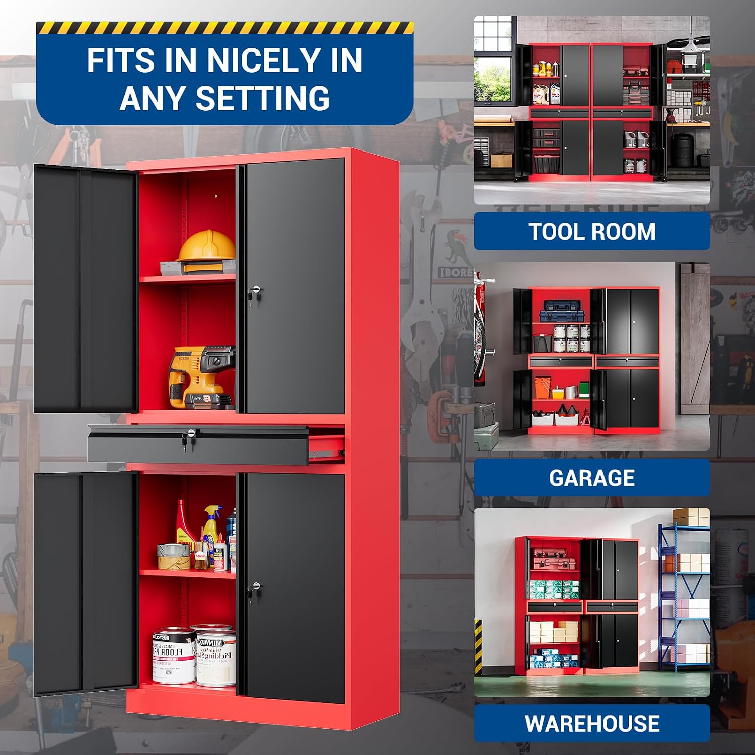 Fesbos 71' Metal Cabinet-Black&Gray Heavy Duty Storage File Cabinet Steel Tool Cabinets with Shelves, Lockable Doors and Drawers- for Garage, Pantry, Warehouse - Assembly Required