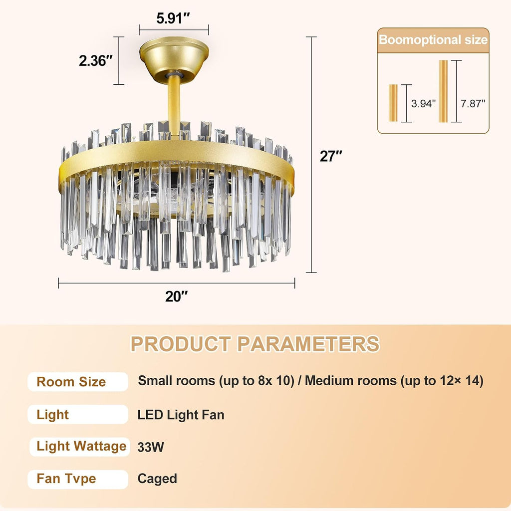 Depuley Modern Ceiling Fan with Lights: 20' Gold Chandelier Cagd Fan with Remote Control - Crystal Fandelier for Girl's Bedroom Living Room Nursery
