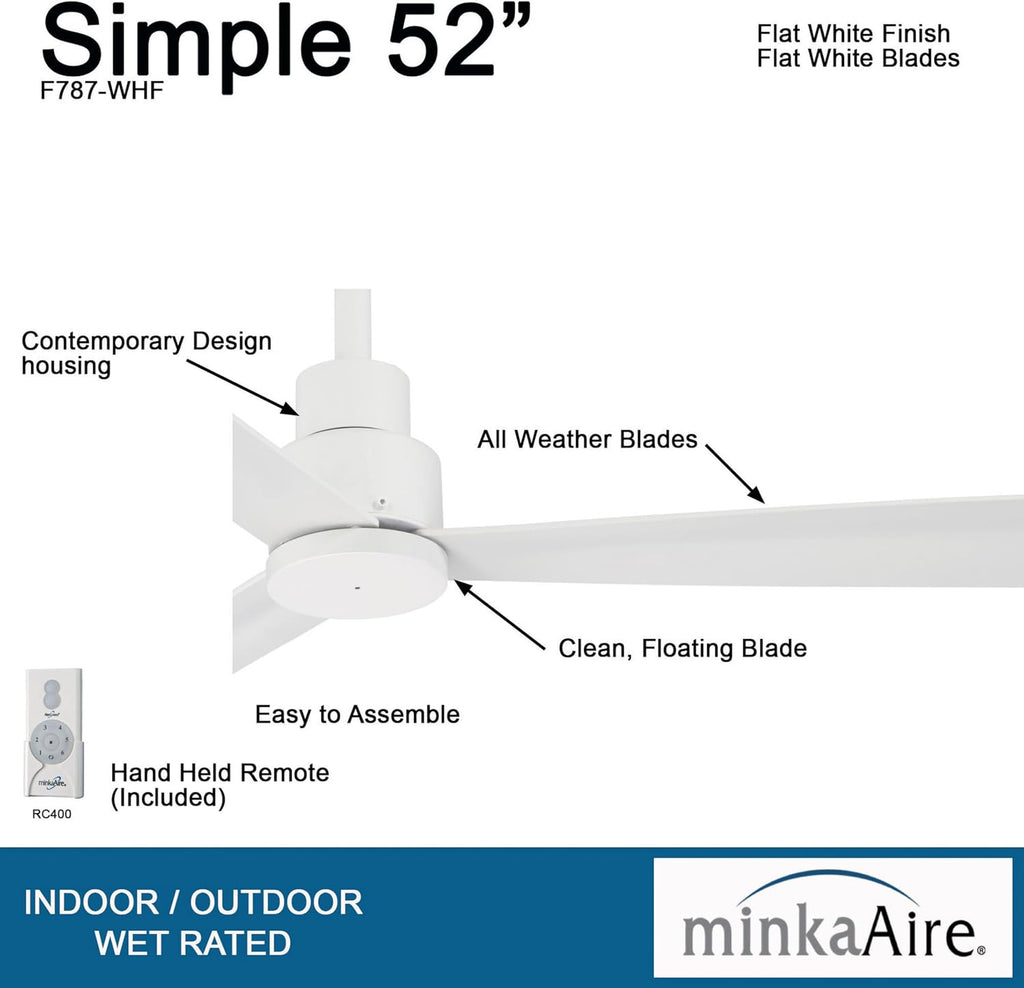 Minka-Aire F787-WHF Protruding Mount, 3 Flat White Bladed, Smart Ceiling Fan, White - Ivory