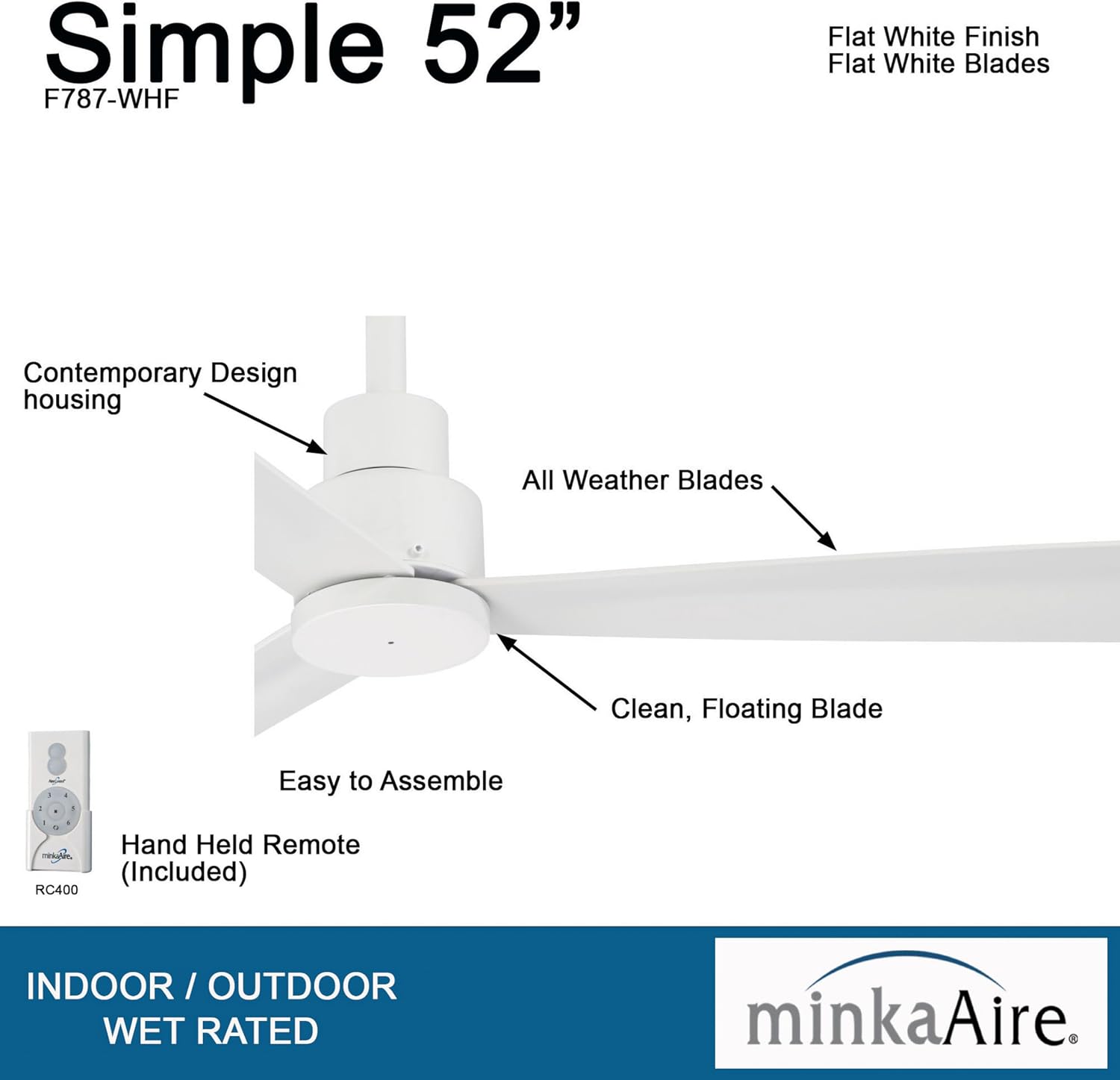 Minka-Aire F787-WHF Protruding Mount, 3 Flat White Bladed, Smart Ceiling Fan, White - Ivory