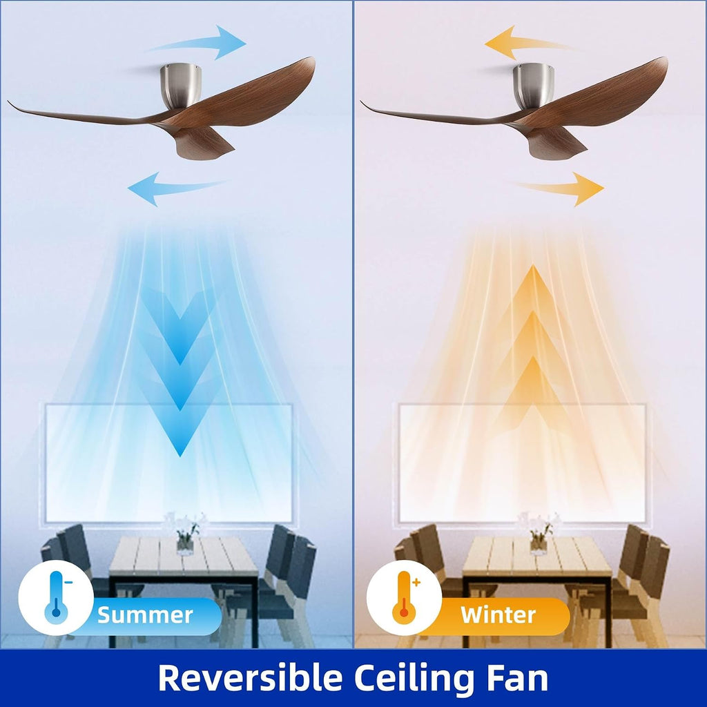 60' Walnut Color Flush Mount Ceiling Fan with Remote, No Light | Modern Low-Profile, Heat Resistant ABS Blades, 6-Speed Reversible Quiet DC Motor for Balcony, Living Room, Bedroom