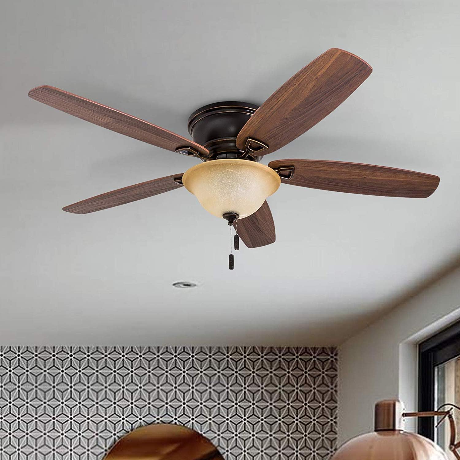 Honeywell Glen Alden 52 Inch Indoor LED Ceiling Fan with Bowl Light, Pull Chain Control, 5 Dual-Finish Blades, Quiet Reversible Motor, White