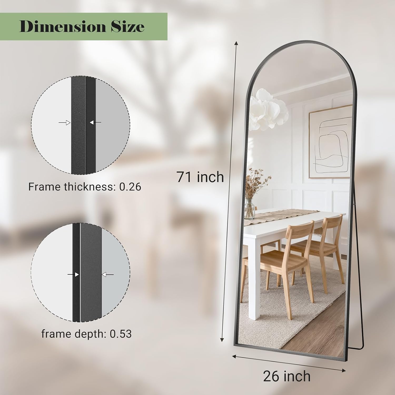 Full Body Mirror 26x71 inch Arched Full Length Mirror with Stand Aluminum Wall Mounted Hanging or Leaning Standing Mirrors, Black