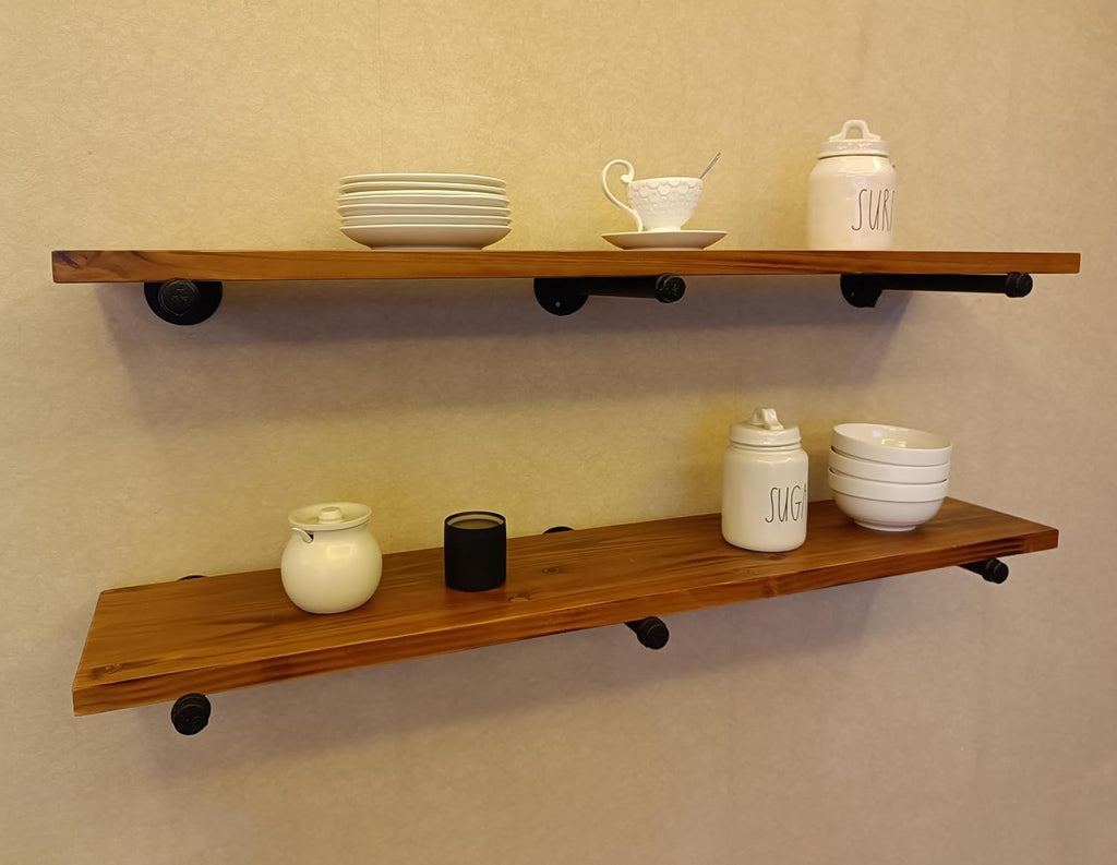 HDDFER Industrial Pipe Wall Wood Shelves,Real Wooden Shelves 48' in Special Brown Color with 1.2' Extra Thickness, Modern Floating Shevles Bookshelf Shelving Units for Rustic Farmhouse Decor