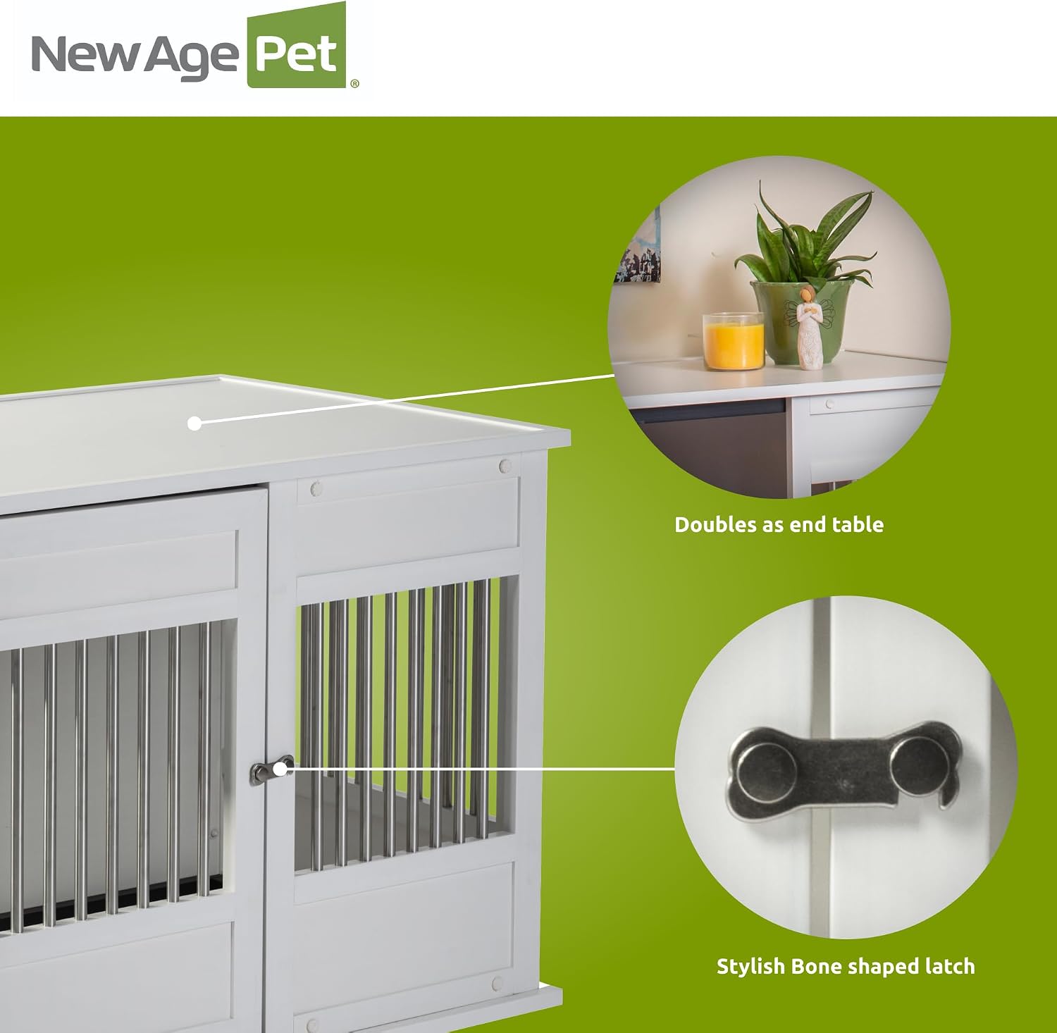New Age Pet ECOFLEX Horizon Dog Crate & End Table, Modern Slatted Indoor Dog Kennel for Medium, Large & XL Dogs, Durable Composite, Antique White, Medium