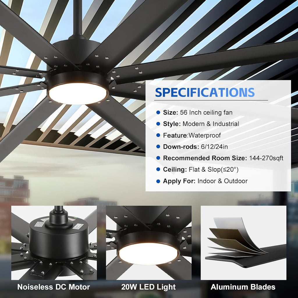 56 Inch Waterproof Outdoor Ceiling Fan with Light, All Weather Wet Rated Smart Fan with Alexa/App/Remote Control, 8 Modern Black Aluminum Blades, High CFM Quiet DC Motor, for Exterior Patio Porch