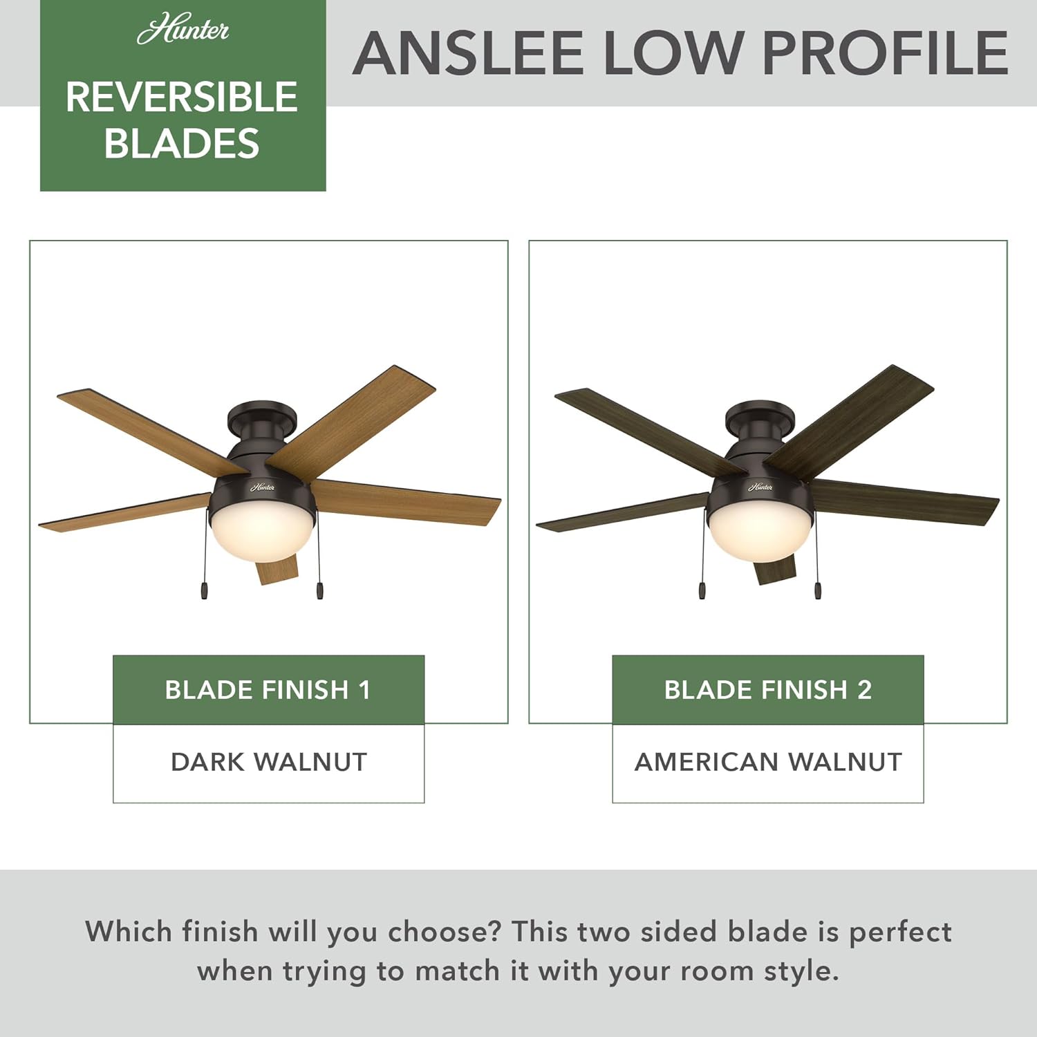 Hunter 46 inch Indoor Ceiling Fan with LED Light - Bronze Ceiling Fan with Pull Chain, For Bedroom, Living Room, or Kitchen, Low Profile Mount, No Remote, 5 Blades - Anslee 59268, Premier Bronze