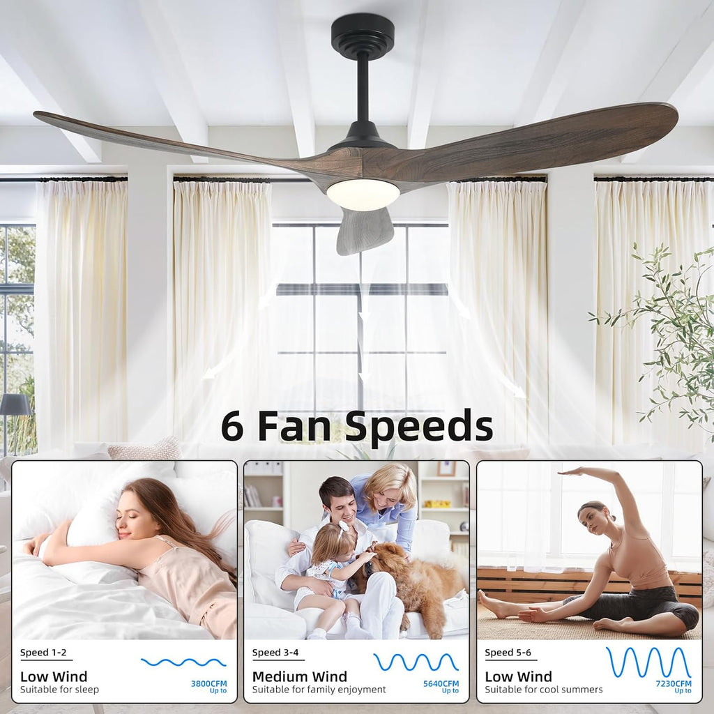 60' Outdoor Ceiling Fan with Light 3 Downrods, Smart Wood Ceiling Fan Compatible with Alexa/Google/App, 3 Blades Modern Walnut Wood Ceiling Fans for Kitchen Living Room Patio,Dark Brown