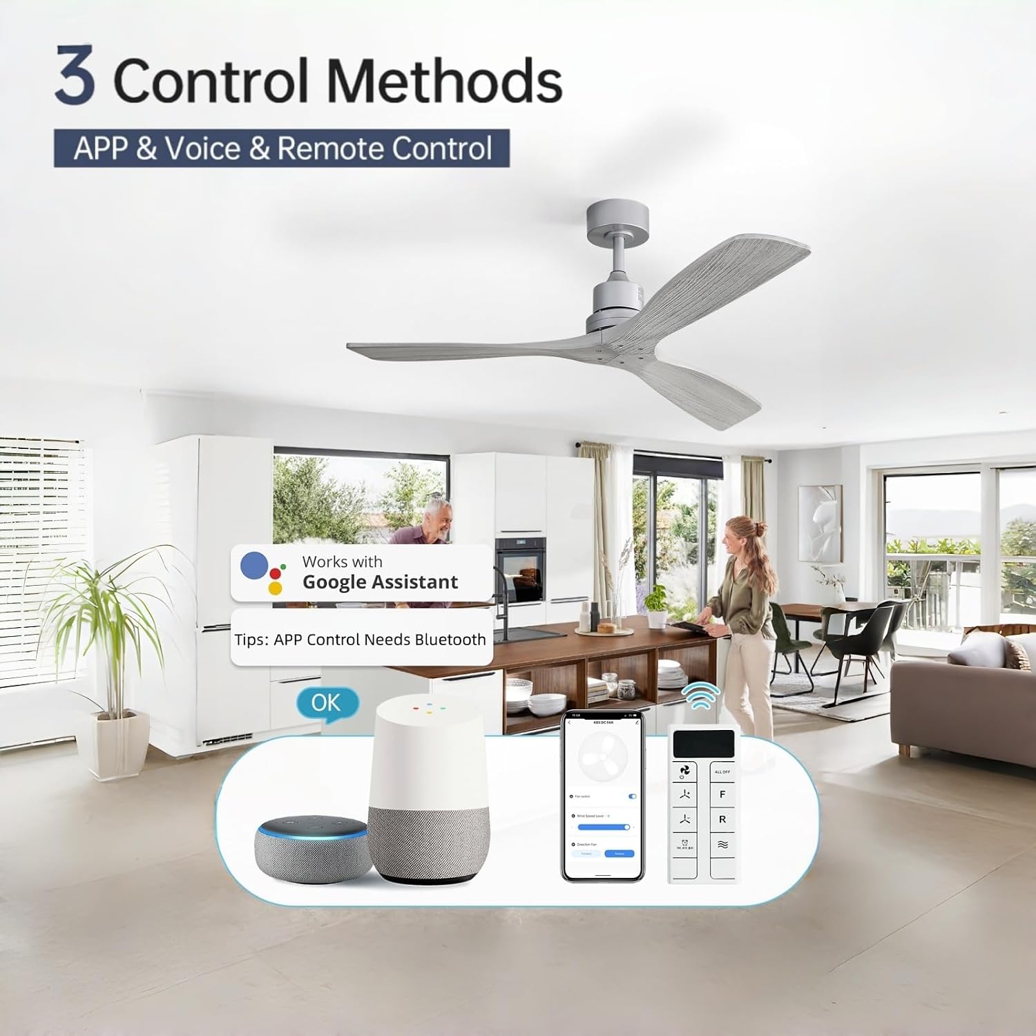 Sofucor 52 Inch Smart Ceiling Fans without Light-Modern Solid Wood Outdoor 3 Blades Ceiling Fan No Light APP Remotel Control for Bedroom Living Room Indoor Farmhouse Patio, Quiet DC Motor,Silver&Grey