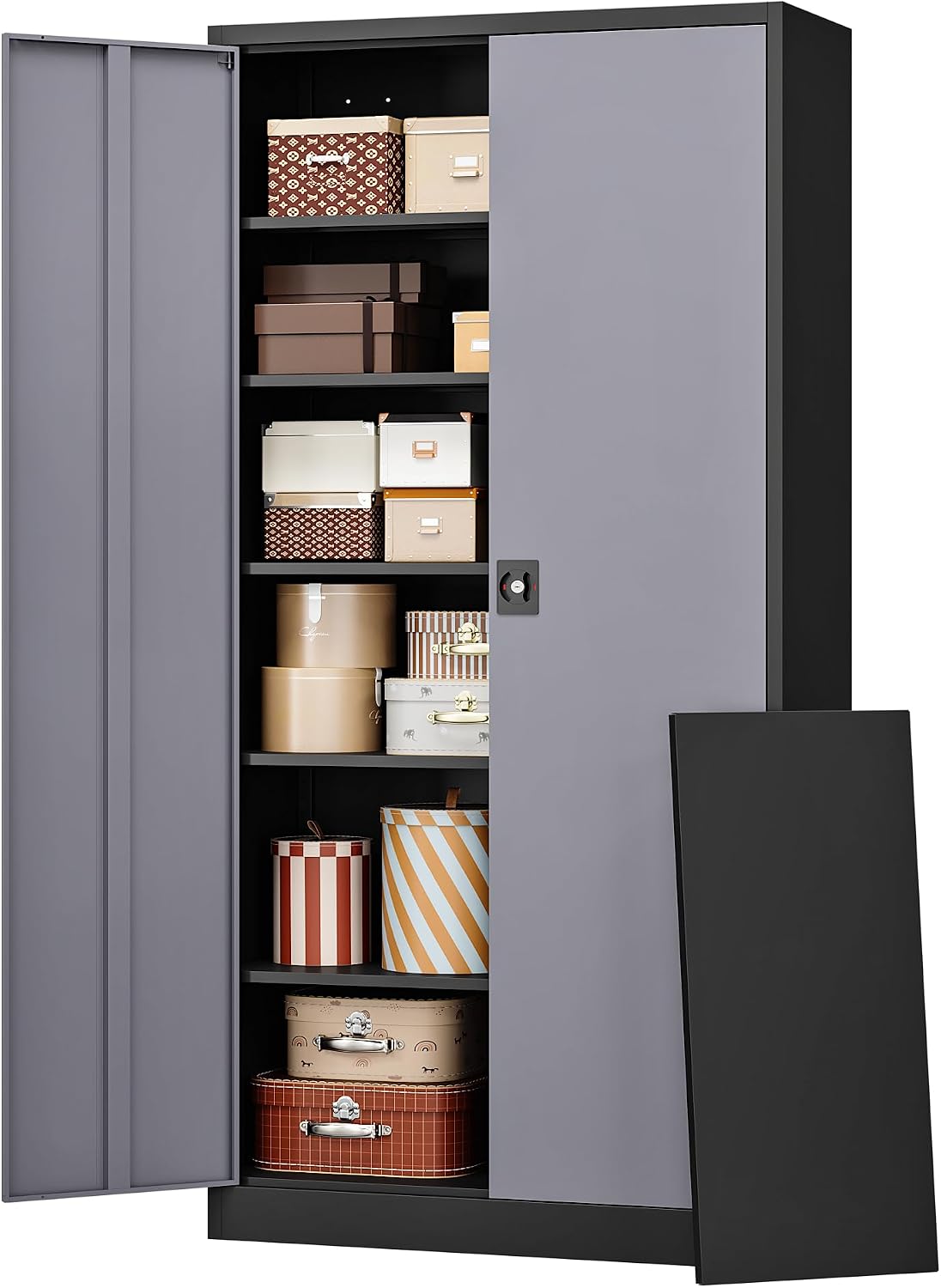 RAVIGIN Metal Garage Storage Cabinet with Lock, 71' Locking Tool Cabinet with 2 Doors and 5 Adjustable Shelves, Tall Steel Cabinet Garage for Home,Office,Warehouse，School (Black Grey)