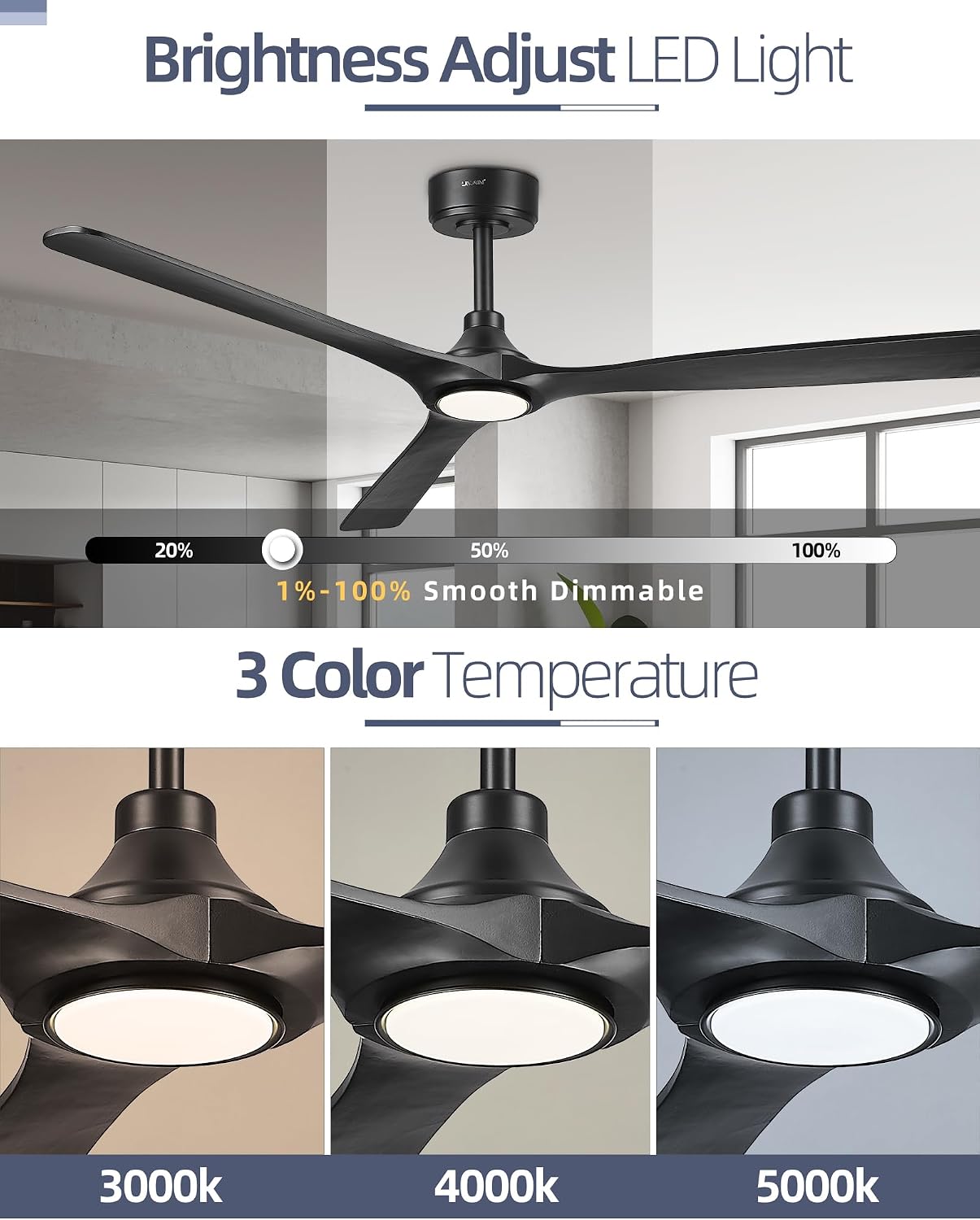 YOUKAIN 72 Inch Ceiling Fan with Light, 3 Black Solid Wood Blade, Remote Control, 3CCT Dimmable LED, 6-Speed Reversible Motor, Propeller Outdoor Ceiling Fans for Patios, 72-YJ817-BK