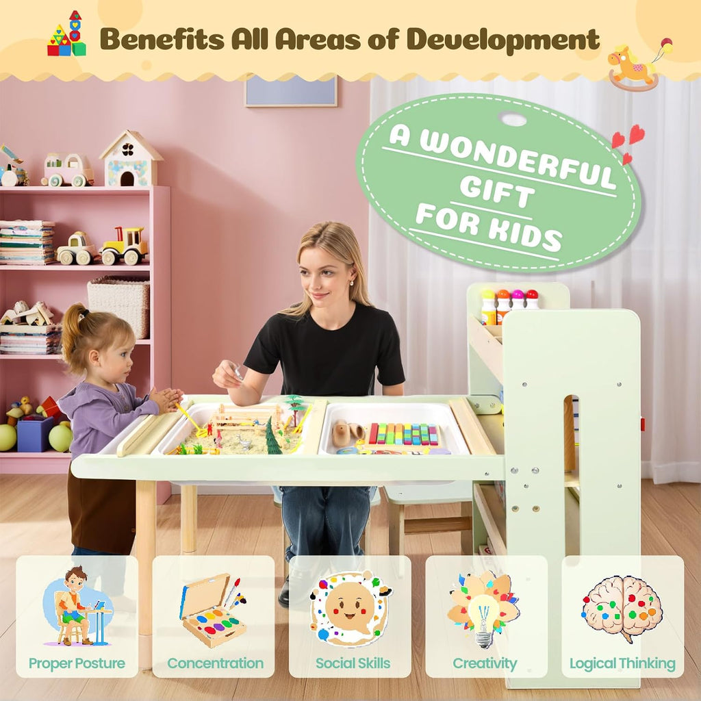 Kids Sensory Table and Chairs Set, Toddlers Activity Table with Large Storage Bins & Shelves, 6 in 1 Kids Art Desk with Blackboard Whiteboard for Playrooms Daycare,Sand & Water Table for Toddler Gifts