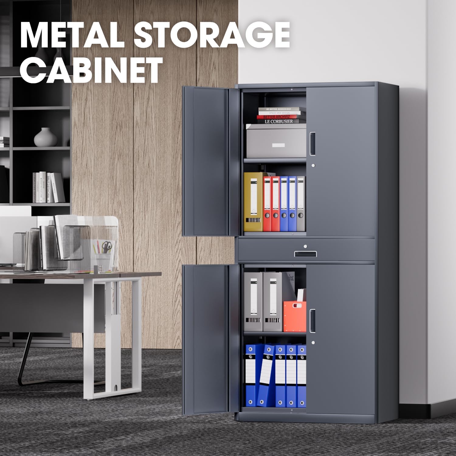 DNA Motoring 71'' Metal Storage Cabinet, Locking Tool Cabinet with 1 Drawer and Adjustable Shelves, Lockable Heavy Duty Metal Locker for Garage,Office,Home,Gym, Gray, TOOLS-00629-GY-GY-A