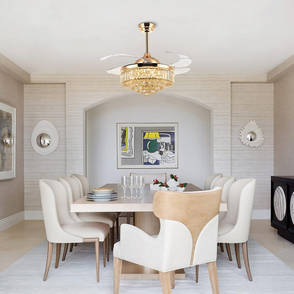42 Inch Crystal Ceiling Fan with Light and Remote Modern Gold Dimmable Fandelier Invisible Retractable Chandelier Fan for Bedroom Living Room Dining Room