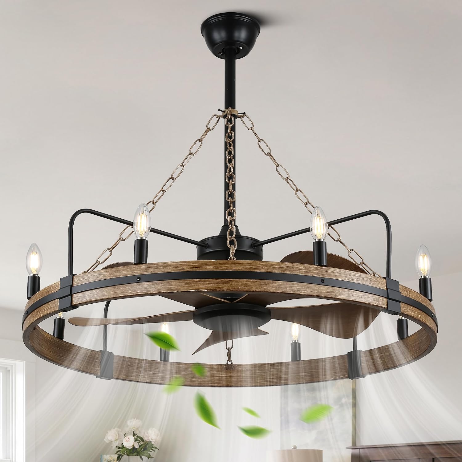 Bella Depot 36' Farmhouse Ceiling Fan with Light - Wagon Wheel Fandelier, 8-Light Rustic Chandelier Fan, Remote Control, for Bedroom Kitchen Dining Room (Bulbs Not Included)
