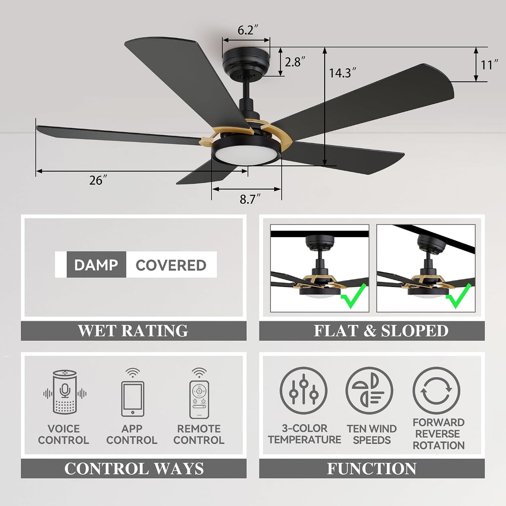 SMAAIR 52 Inch Black Ceiling Fan with Lights Remote Control and 10 Speed DC Motor, Low Profile Ceiling Fan with Dimmable Light works with Alexa/Google Assistant/Siri Shortcuts, 5 Blade, Black/Gold