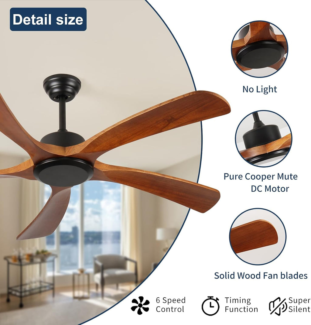 52Inch Ceiling Fan No Light and Remote Control Wood Ceiling Fan Without Light BLDC Reversible Matte Black Outdoor Ceiling Fans for Patio FCC Listed 5*Walnut Blades