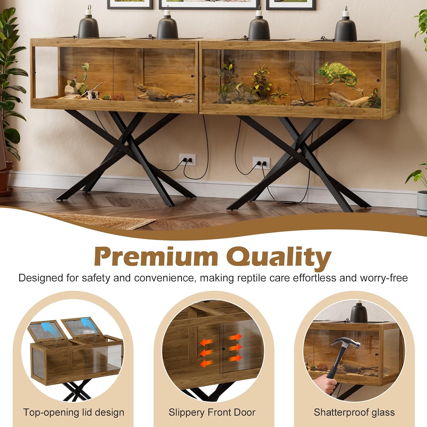 PAKASEPT 80 Gallons Bearded Dragon Tank with Leg Stand,Tempered Glass Reptile Enclosure with Metal Mesh Top,Snake/Lizard Tank for Chameleon,Tortoise,Hecko,Brown