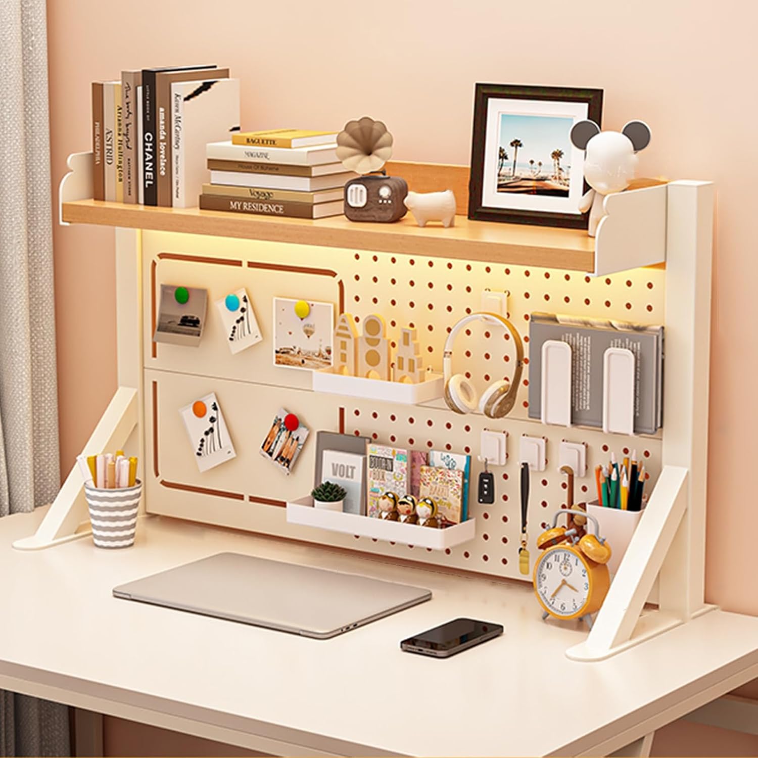 Desktop Bookshelf Organizer with Clamp On Desk Pegboard and Storage Shelf for College Dorm Room,Wood-a-100 * 63cm/39 * 24in