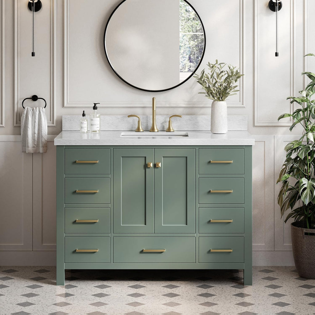 ARIEL Cambridge 48-inch Bathroom Vanity with Sink,Solid Wood, 1.5-inch Italian Carrara Marble Countertop, Single Rectangular Porcelain Sink, 2 Soft Closing Doors, 9 Dovetail Drawers, Vintage Green