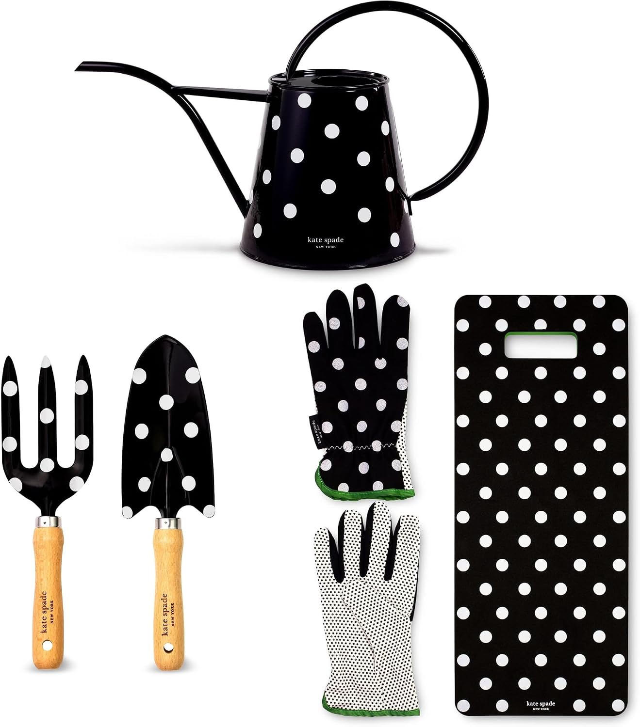 kate spade new york Gardening Bundle with Watering Can, Hand Rake and Trowel, Kneeler Pad, and Garden Gloves (Picture Dot)