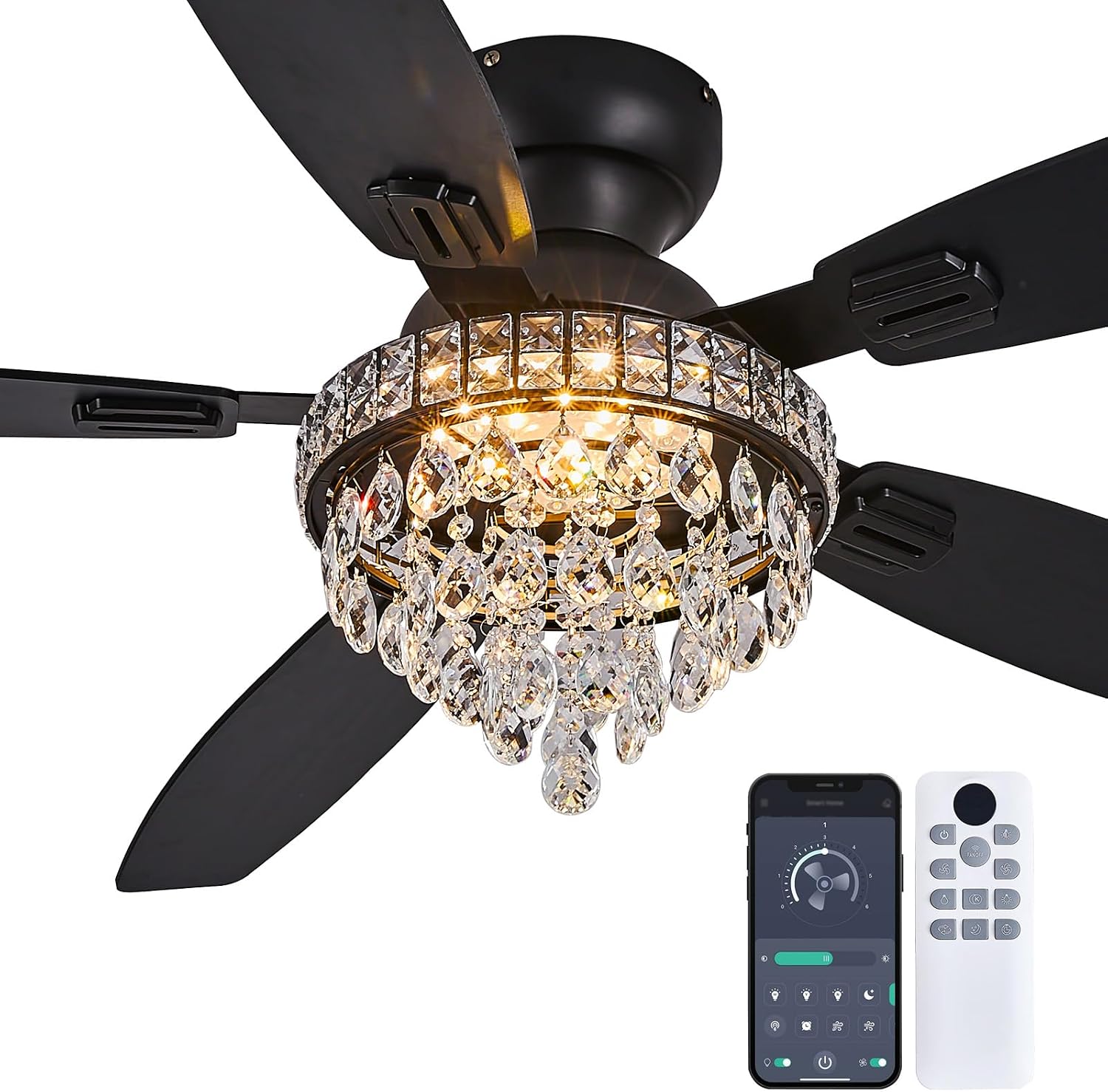 Crystal Ceiling Fan Fandelier with Lights-Ceiling Fans with Lights,54' Low Profile and Remote Control, Flush Mount, Reversible, Dimmable, Noiseless, Black Ceiling Fan for Bedroom