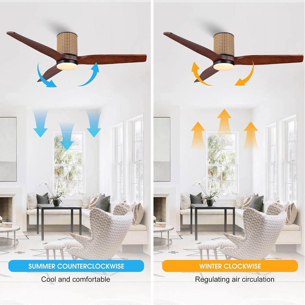 LEDLUX 52' Ceiling Fan with Light - Low Profile Flush Mount Ceiling Fan, 6-Speed Remote Control, Solid Wood, Quiet Reversible DC Motor,Walnut/Black Finish, for Bedroom, Living Room, Porch