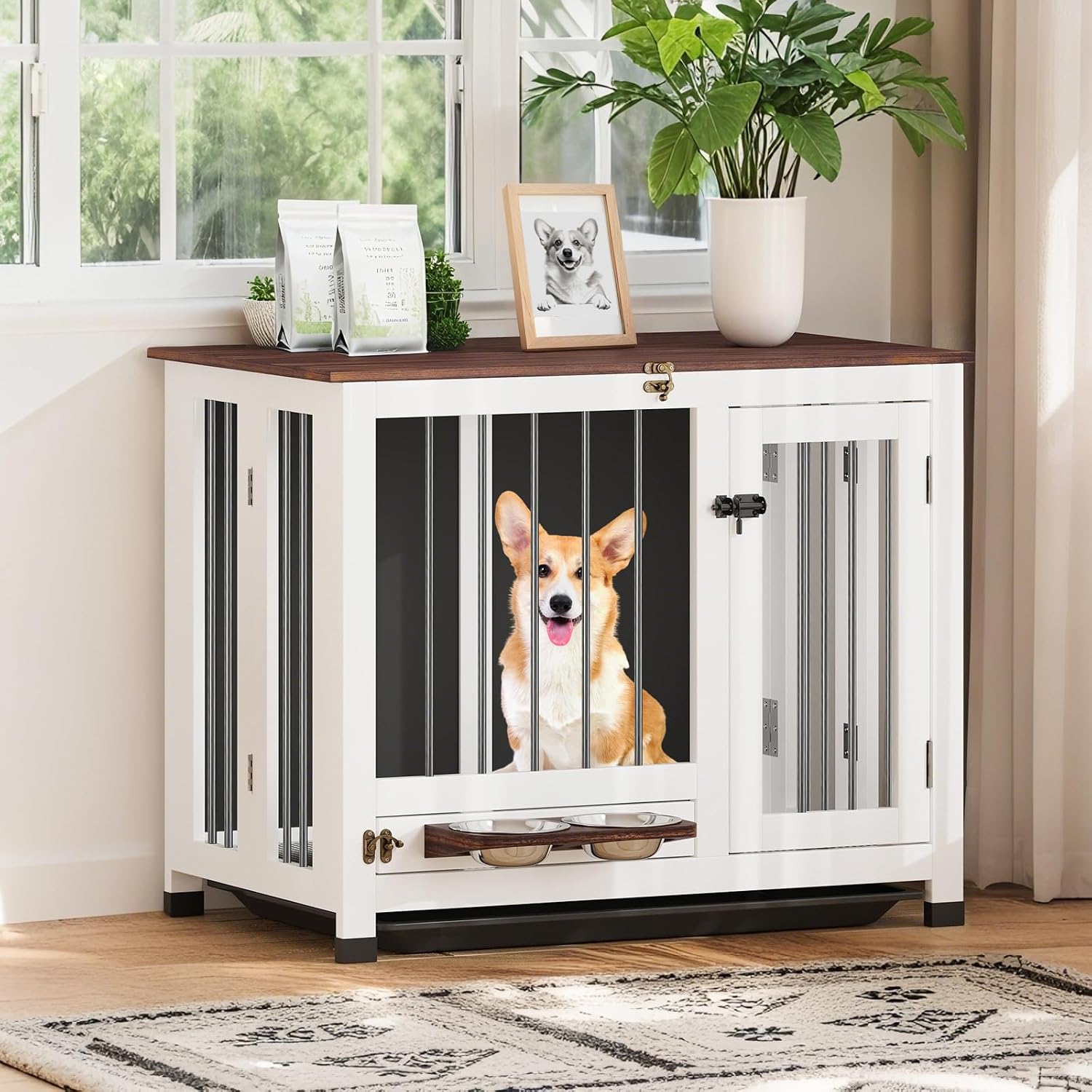Dog Crate Furniture - 31.5' Wooden Dog Cage with Removable Tray & 360° Rotating Feeder | Multi-Functional Dog Kennel End Table for Small & Medium Dogs | Indoor Portable Pet Crates | Easy Assembly