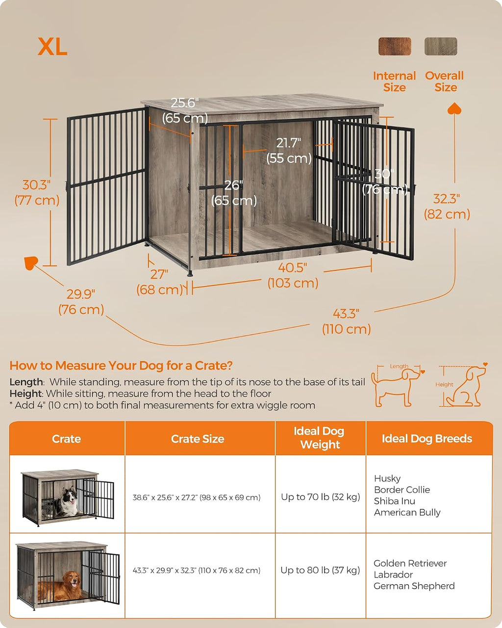 Feandrea 43.3' Dog Crate Furniture, Heavy-Duty Dog Cage Side End Table, XL Pet Wood Kennel for Large and Medium Dogs up to 80 lb with Enclosed Base, Double-Door Pet House, Greige
