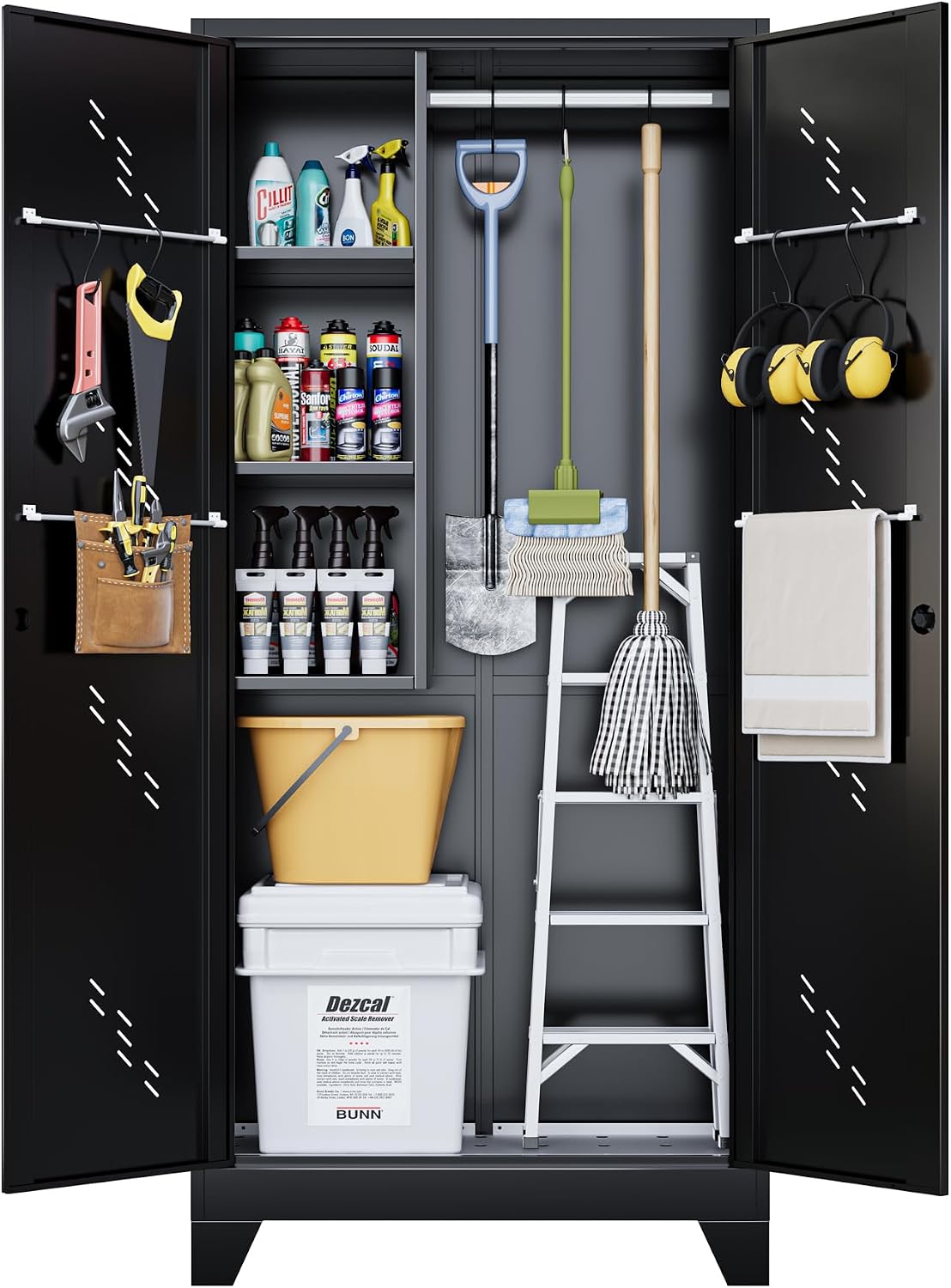 75' Taller Metal Garage Storage Cabinet,Tool Chest, Large Office Storage Cabinet with Lock Doors, Stainless Steel Bottom Plate with Holes,Utility Room Organization(H75* D16.53*L33.85)(Black)