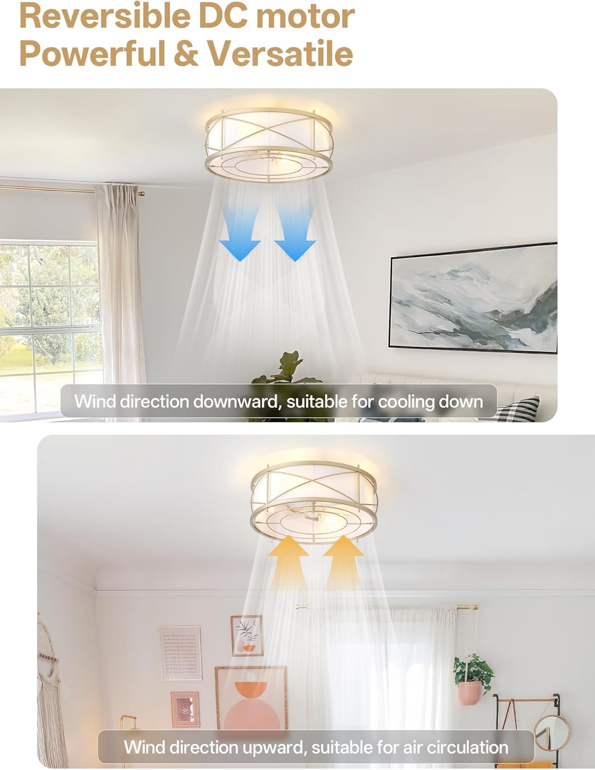 Gold Flush Mount Boho Ceiling Fan with Lights, 20' Caged Rattan Ceiling Fans with Light and Remote, Enclosed with 6 Speeds for Living Room, Bedroom, Nursery
