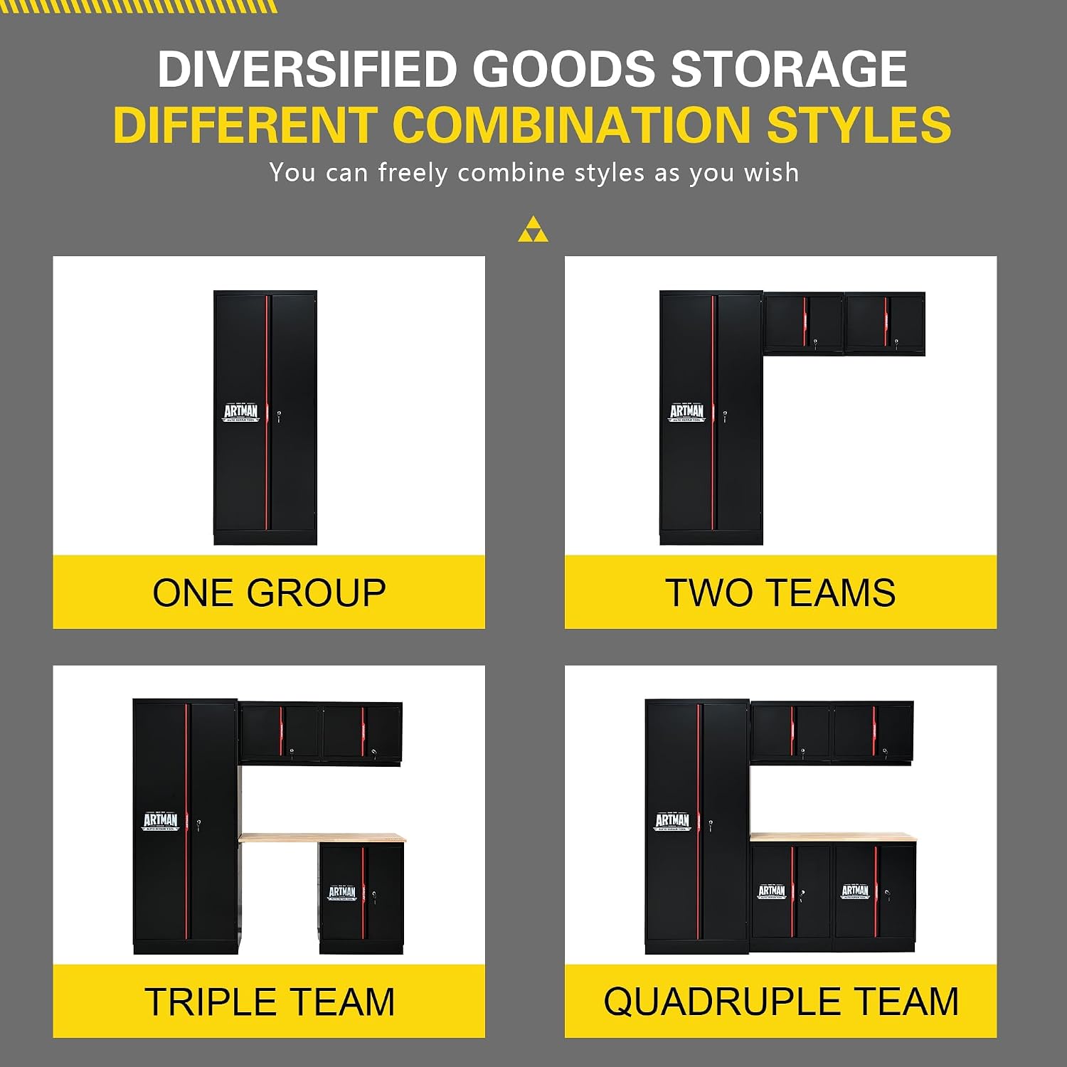 Pre-Assembled Garage Storage Cabinet System, No Assembly Required, 6-Piece Workshop Cabinet Set in Black & Red with LED Lights, Wood Worktop, Key Locks, Adjustable Doors and Legs