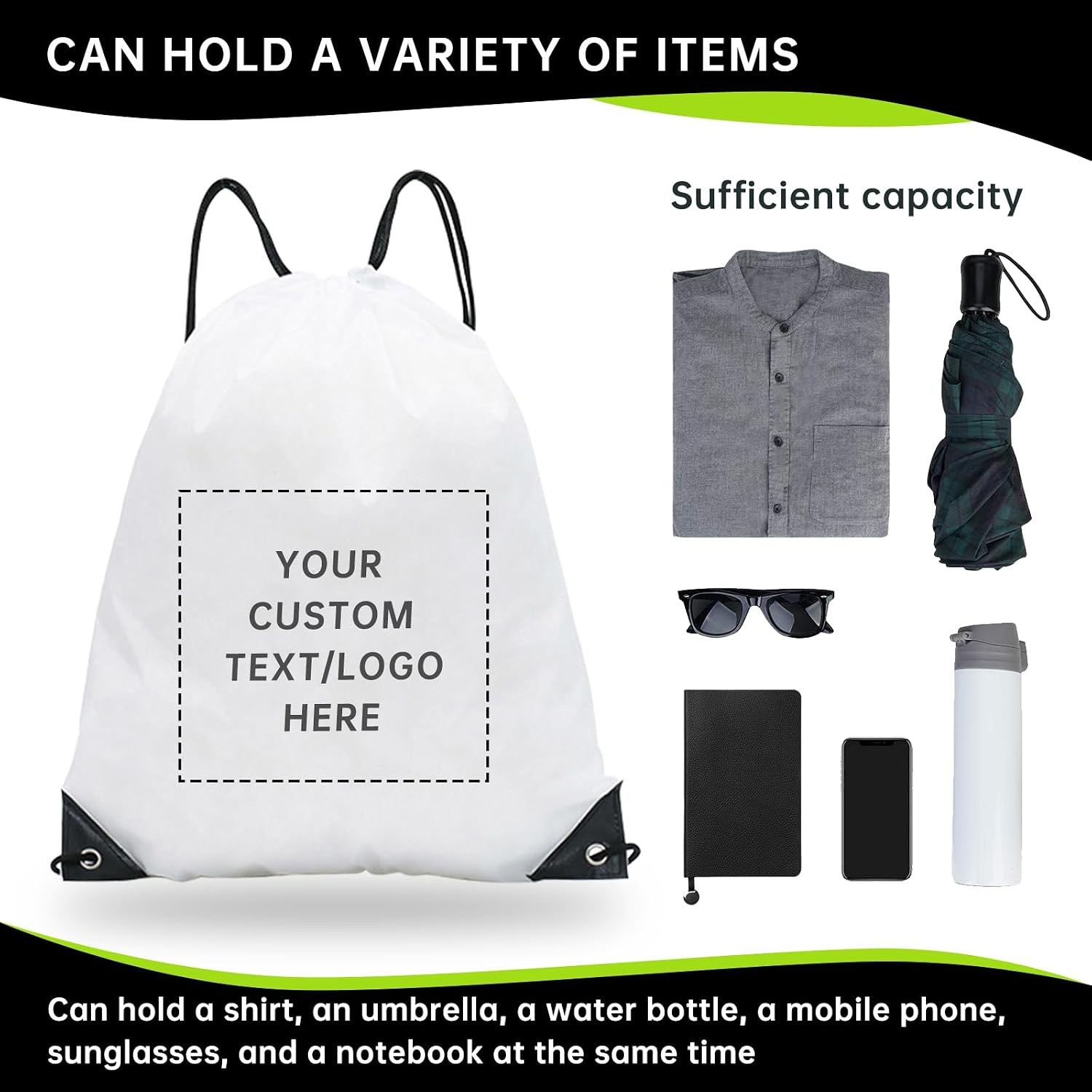 JEOHLORY pack of 100 Custom Bags With Your Logo,customized backpack,promotional items,Drawstring Backpacks,Great for Everyday Use (Custom white)