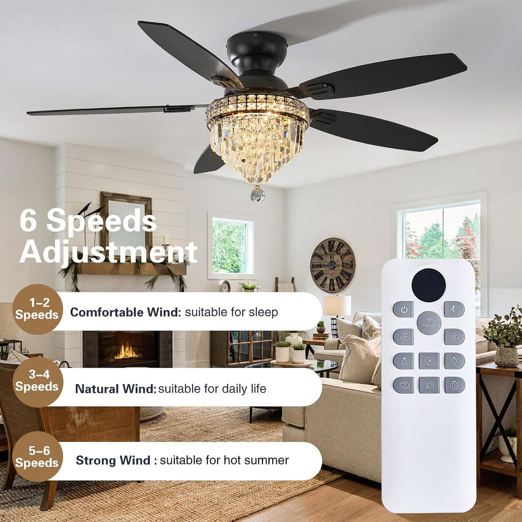 Crystal Ceiling Fan Fandelier with Lights-Ceiling Fans with Lights,54' Low Profile and Remote Control, Flush Mount, Reversible, Dimmable, Noiseless, Black Ceiling Fan for Bedroom