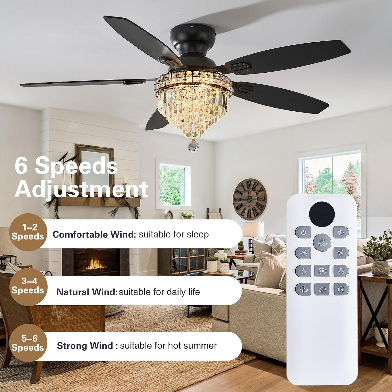Crystal Ceiling Fan Fandelier with Lights-Ceiling Fans with Lights,54' Low Profile and Remote Control, Flush Mount, Reversible, Dimmable, Noiseless, Black Ceiling Fan for Bedroom