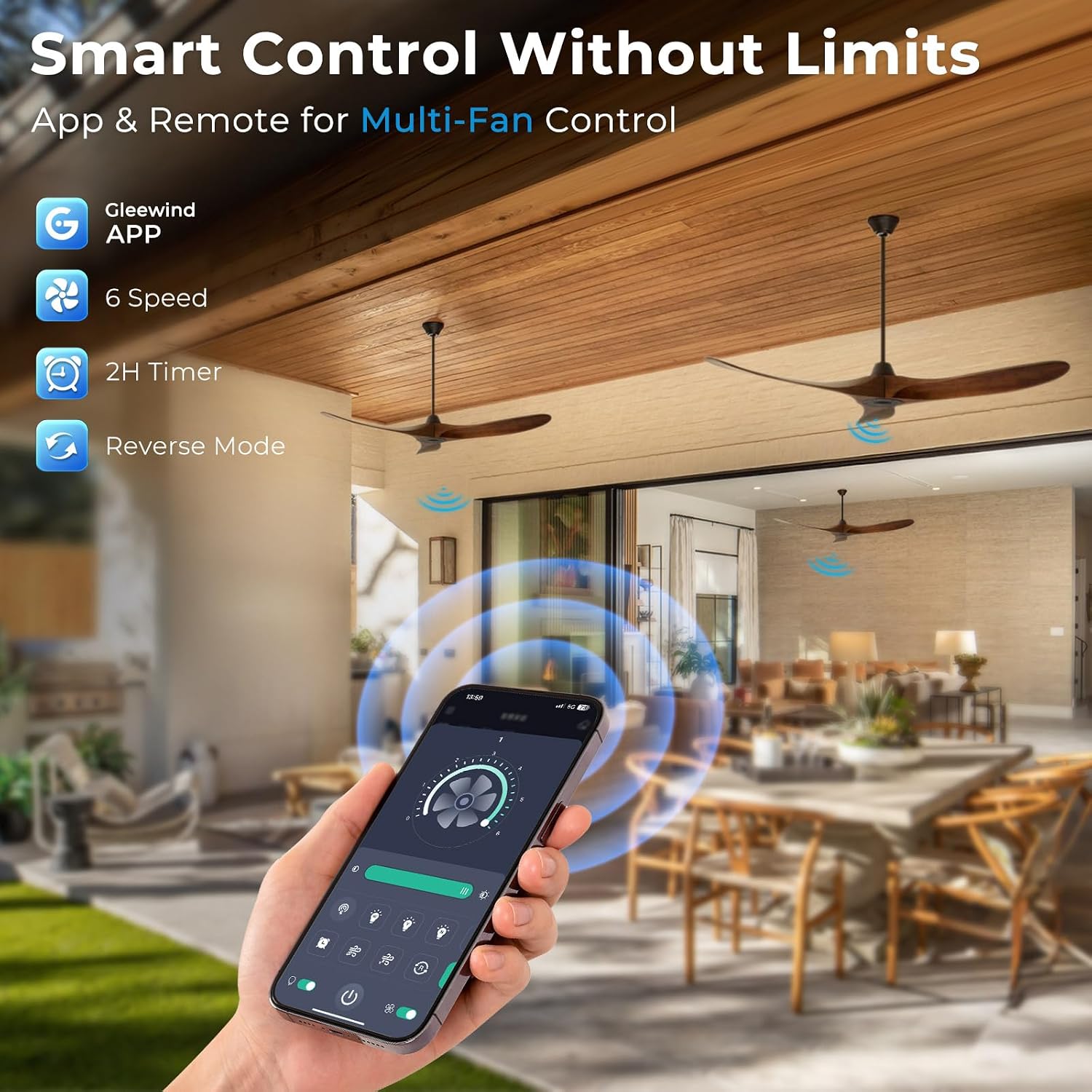 60 inch Outdoor Ceiling Fan No Light for Patios, Ceiling Fans Without Lights with Smart App and Remote Control, Damp Rated 3 Blades Wood Propeller Fan for Exterior Outside Porch, High CFM, Walnut