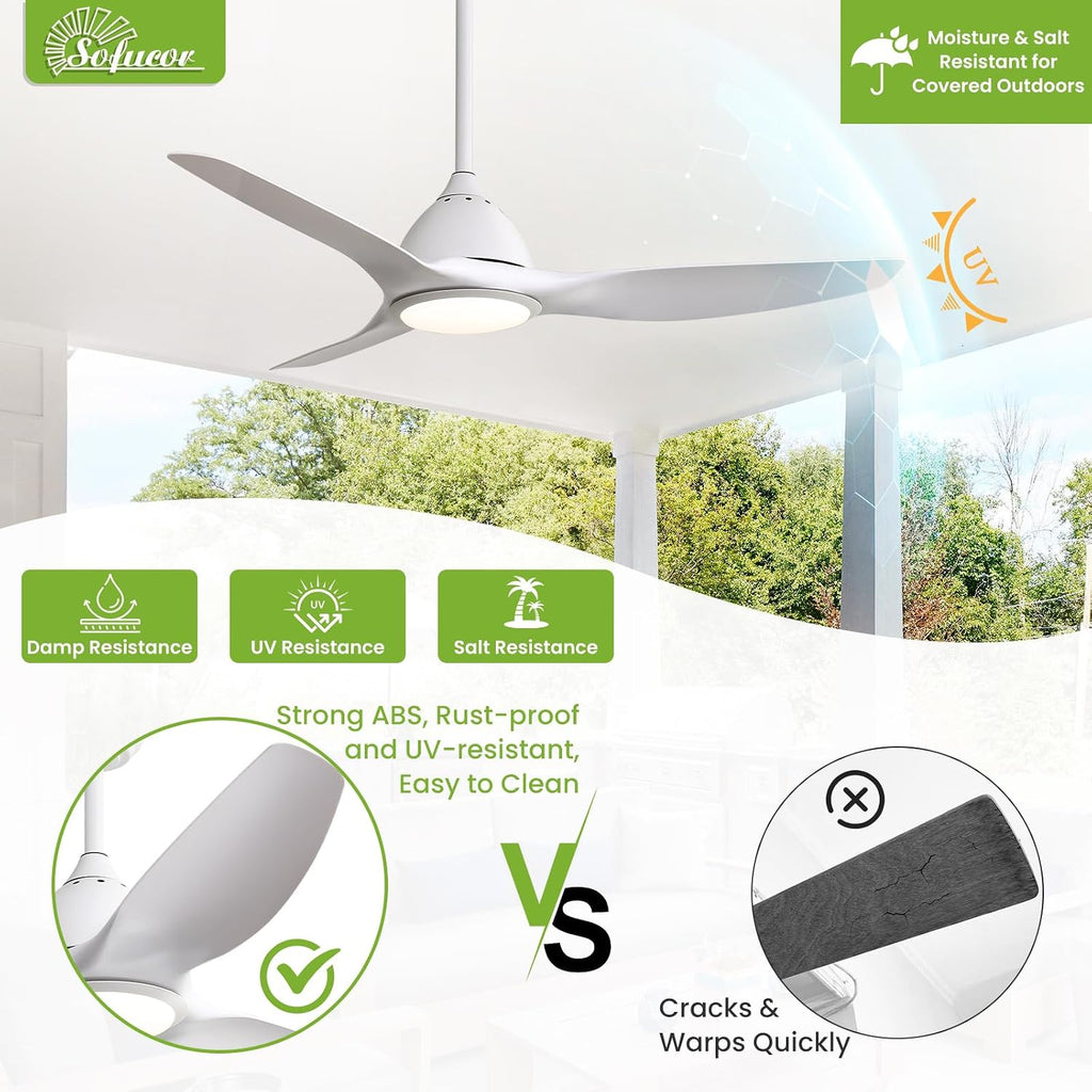 Sofucor 52 Inch Smart Ceiling Fan with Light, Modern Ceiling Fan with 3 Plastic Blade, Quiet, Dimmable, Compatible with Alexa/Google/App, 6 Speeds 7000CFM, Timer Quiet Reversible DC Motor, ETL, White