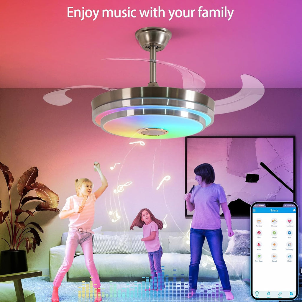 42 Inch RGB Retractable Ceiling Fan with Light, Reversible,Dimmable,Ultra-Quiet Invisible Chandelier Fan with Speaker for Kids Room Living Room Dinner Room,Brushed Nickel