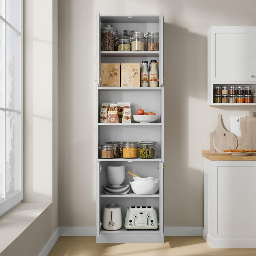 Cozy Castle Kitchen Pantry Cabinet, 75' Tall Wood Storage Cabinet with Doors and Shelves, 4 Doors Open Countertop Utility Hutch Cupboard for Dining Room Living Room Bathroom Furniture, Gray