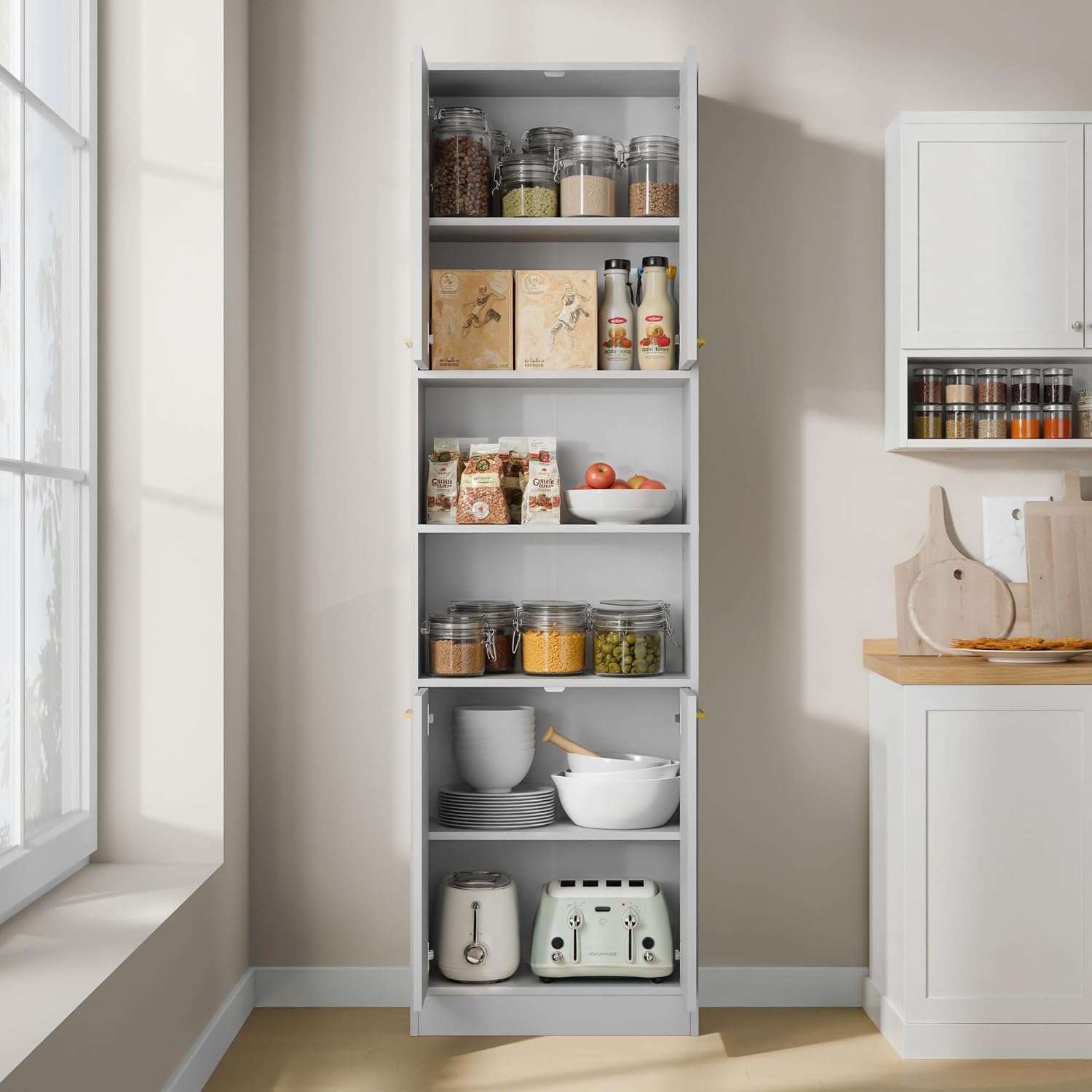 Cozy Castle Kitchen Pantry Cabinet, 75' Tall Wood Storage Cabinet with Doors and Shelves, 4 Doors Open Countertop Utility Hutch Cupboard for Dining Room Living Room Bathroom Furniture, Gray
